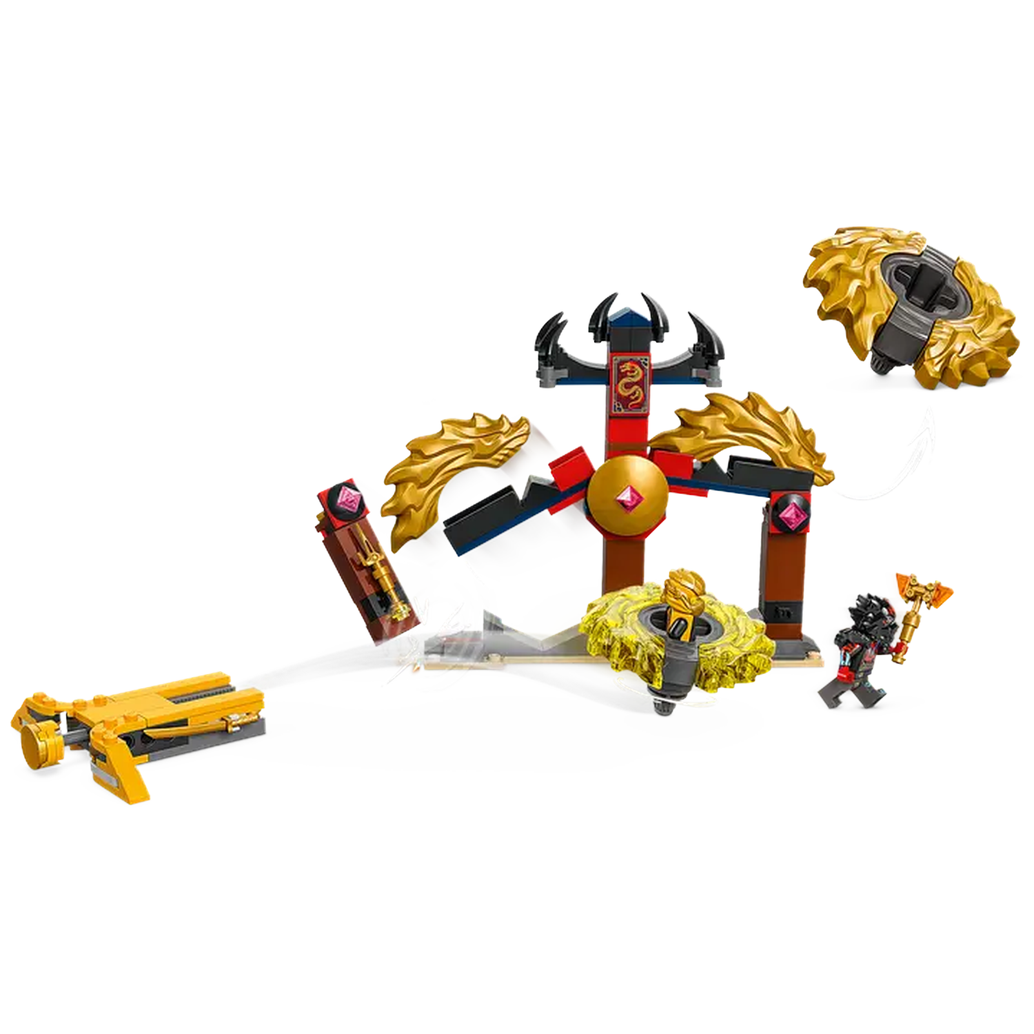 Lego set depicting a structure with golden accents, a yellow vehicle, and a minifigure with a hammer, all on a white background.
