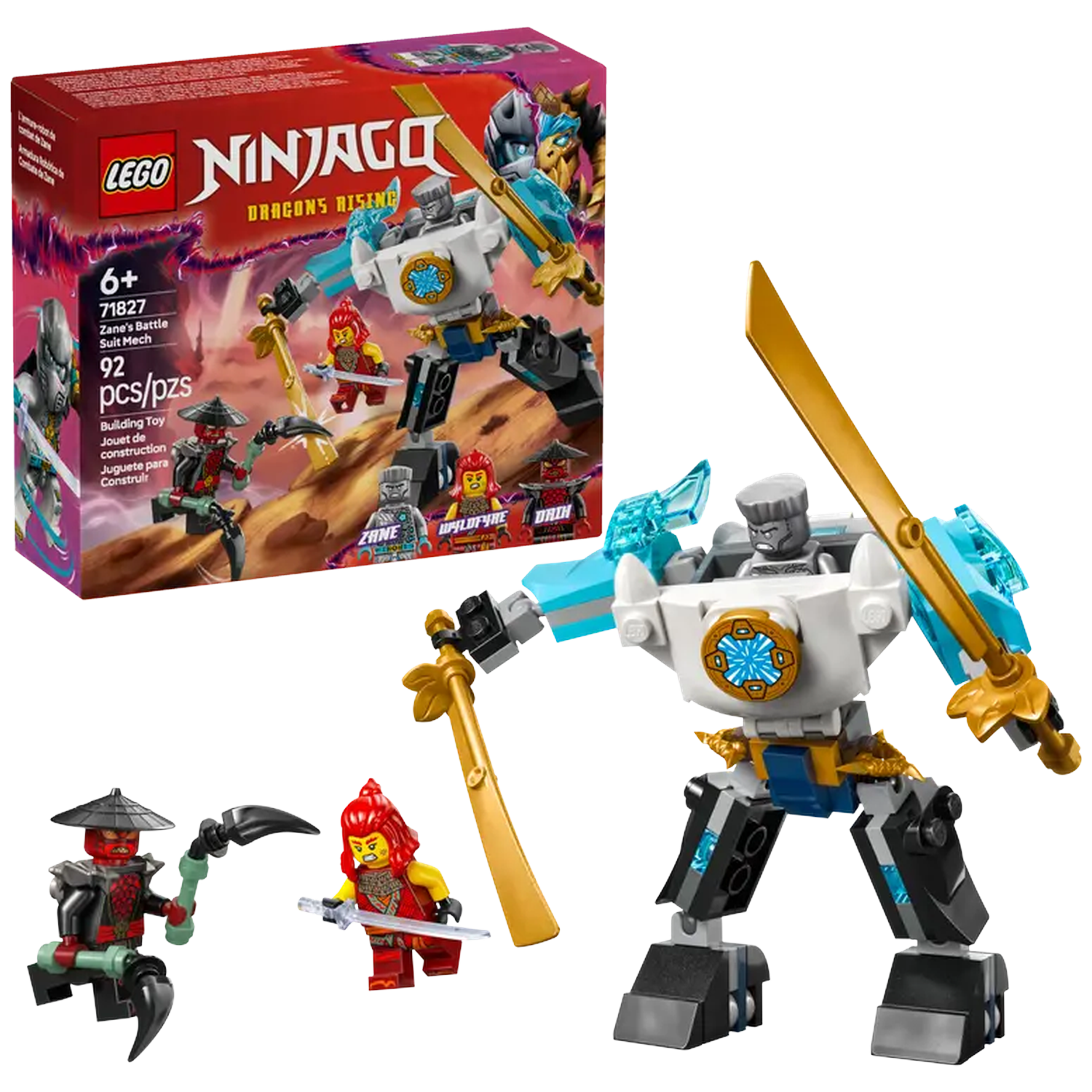 A Lego Ninjago set with a mech, minifigures, and box art featuring a mech and characters. The mech is white, black, and gold.