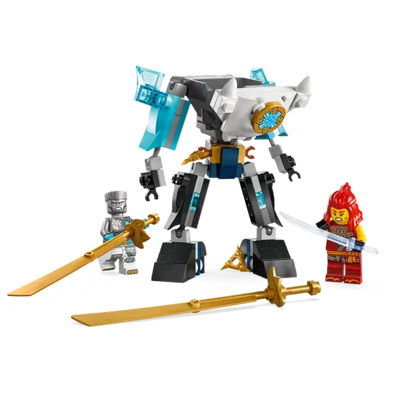 A Lego set featuring a large mech, two minifigures, and two golden swords. The mech is grey, white, and black with blue accents.