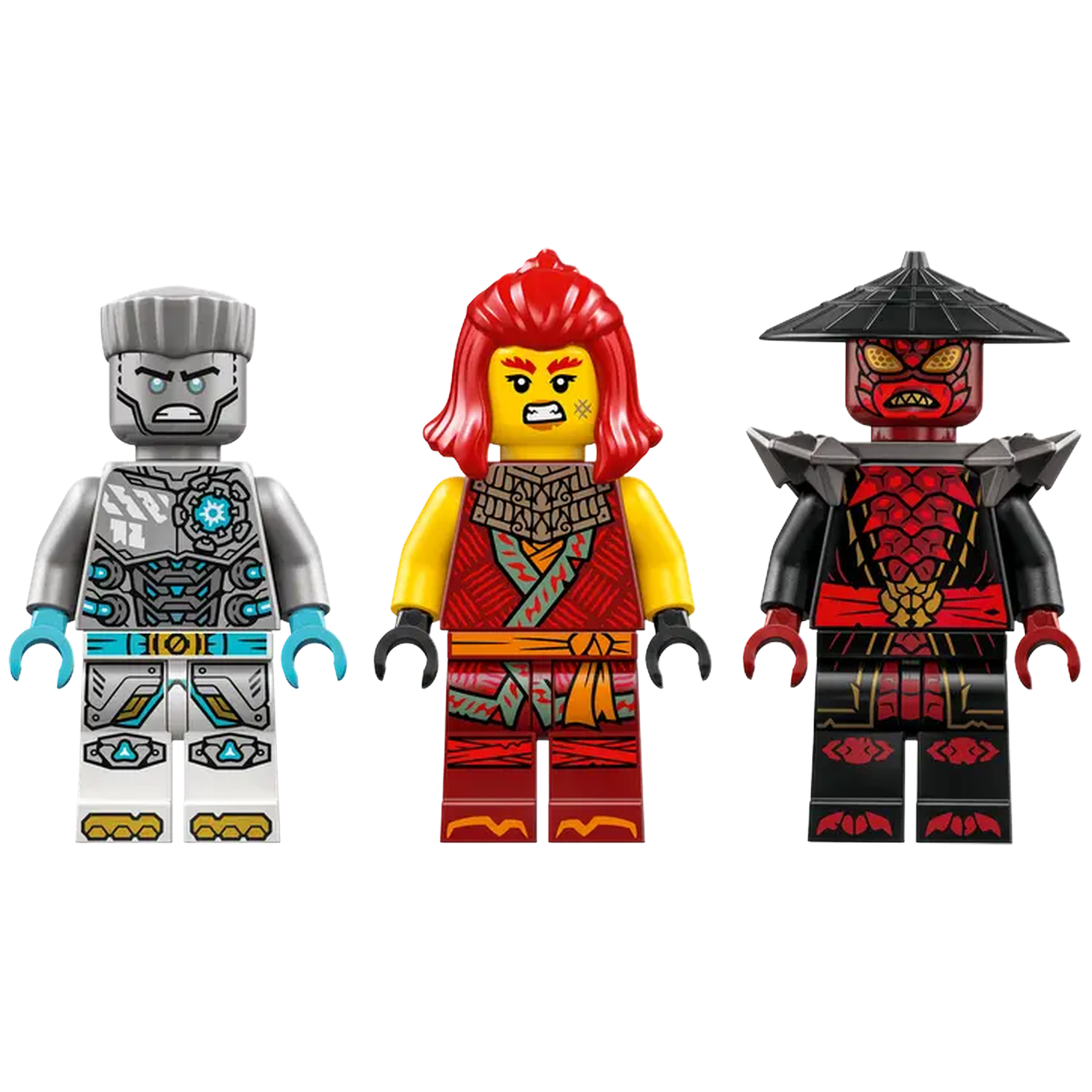 Three Lego minifigures: a silver robot, a woman with red hair, and a red and black demon. They stand against a white background.