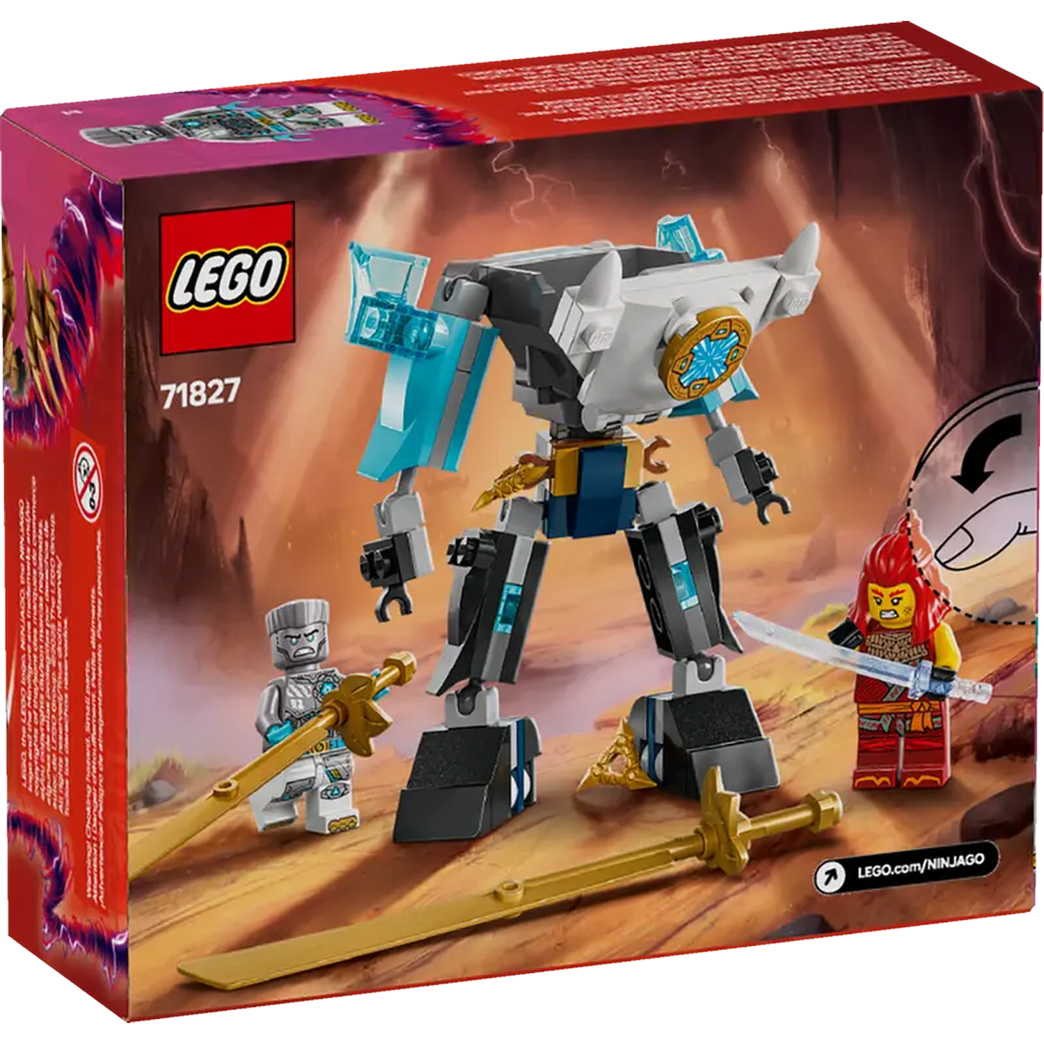 Lego box set with a large mech, two minifigures with swords, and a desert background. The Lego logo is visible.