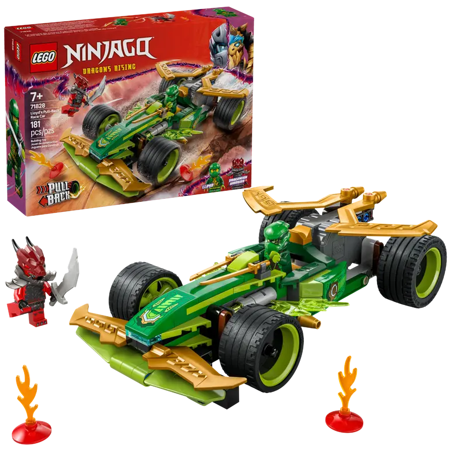 A Lego Ninjago set featuring a green and gold race car, minifigures, and a box with the set's image. Includes flames.