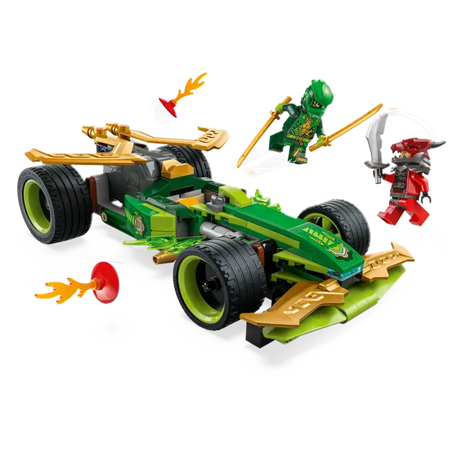 A green Lego race car with gold accents, and three Lego figures. Two figures are fighting with swords.