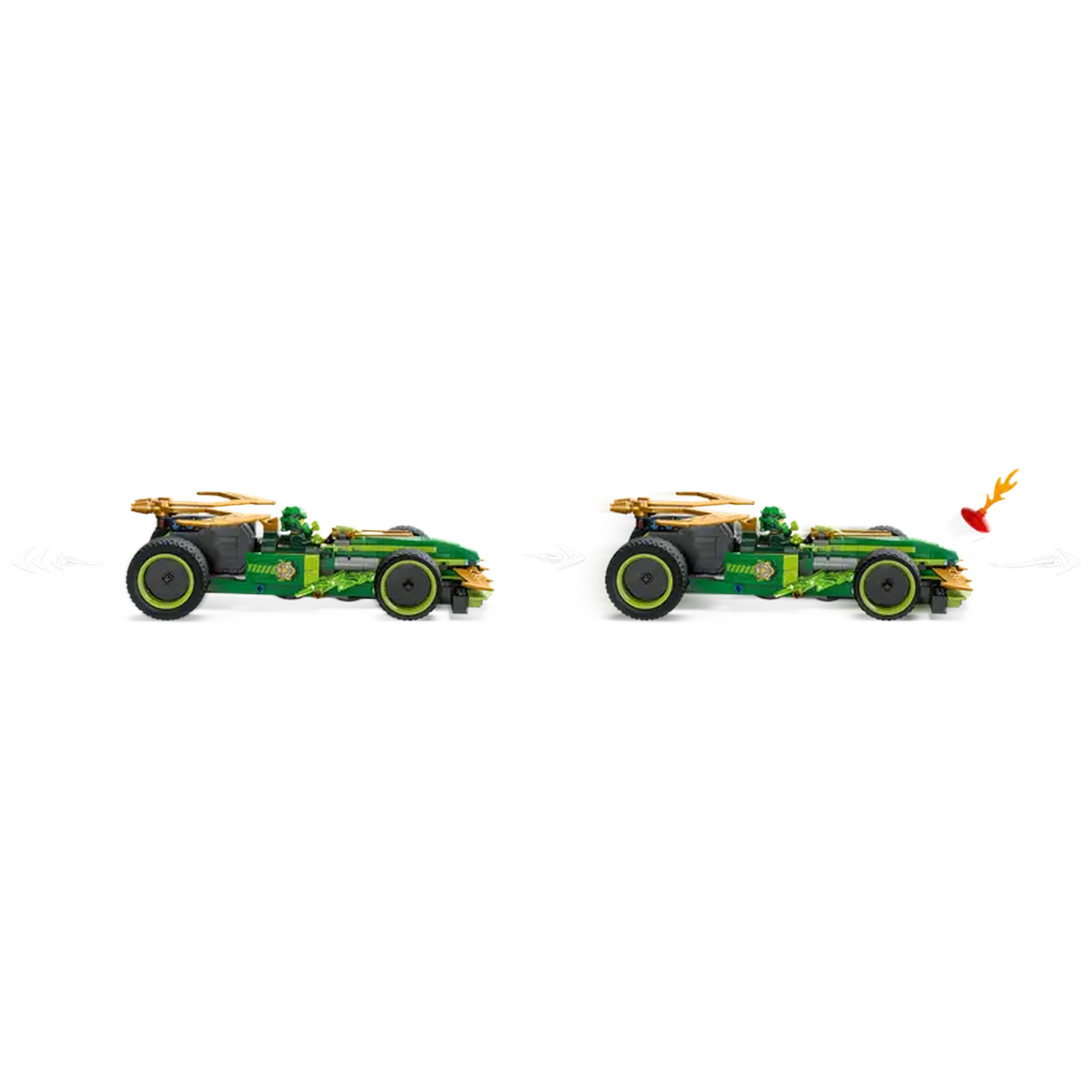 A green Lego car with gold accents. A figure sits in the driver's seat. A red and yellow flame shoots out from the back.