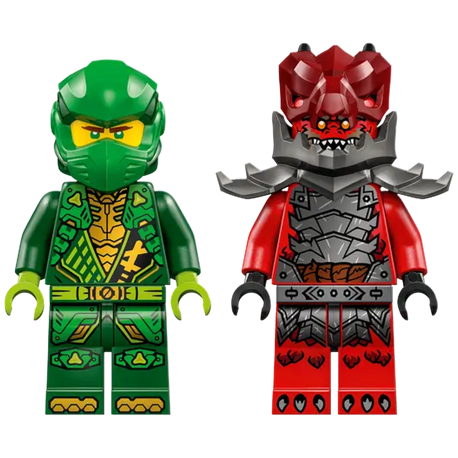 Two Lego figures: a green ninja with a helmet, and a red demon with armor. Both figures are standing upright.