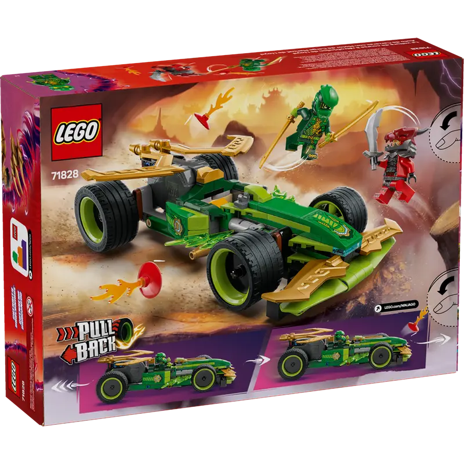 Lego Ninjago box shows a green race car with gold accents, minifigures in action, and the set number 71828.