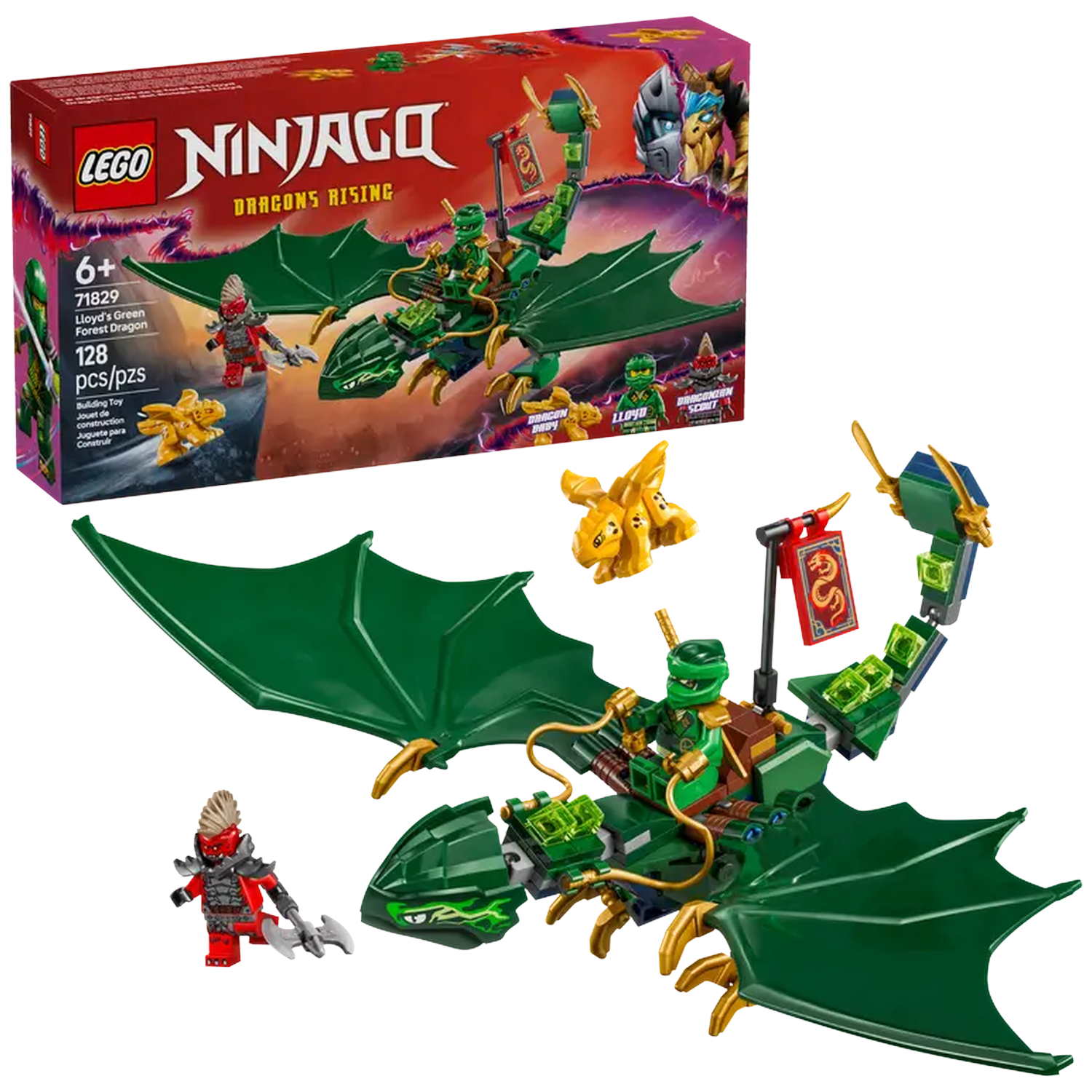 A Lego Ninjago set with a green dragon, figures, and box. The box shows the dragon and characters. The set includes 128 pieces.