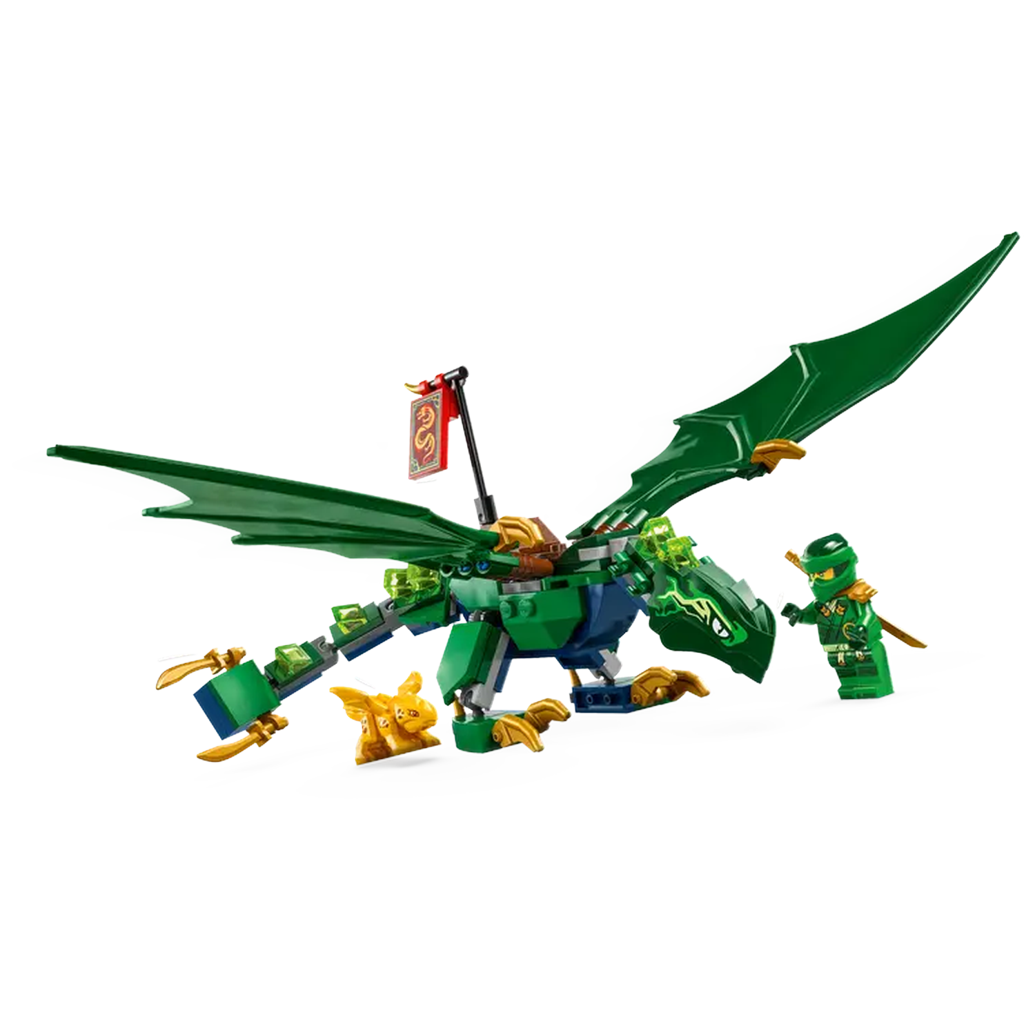 A Lego dragon, green and blue, with a ninja figure. It has large wings and is facing right. There's a small golden creature.