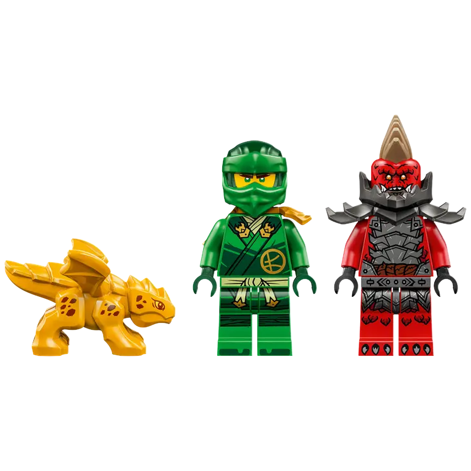 Three Lego figures and a dragon. Green ninja, red demon, and a yellow dragon. All on a white background.