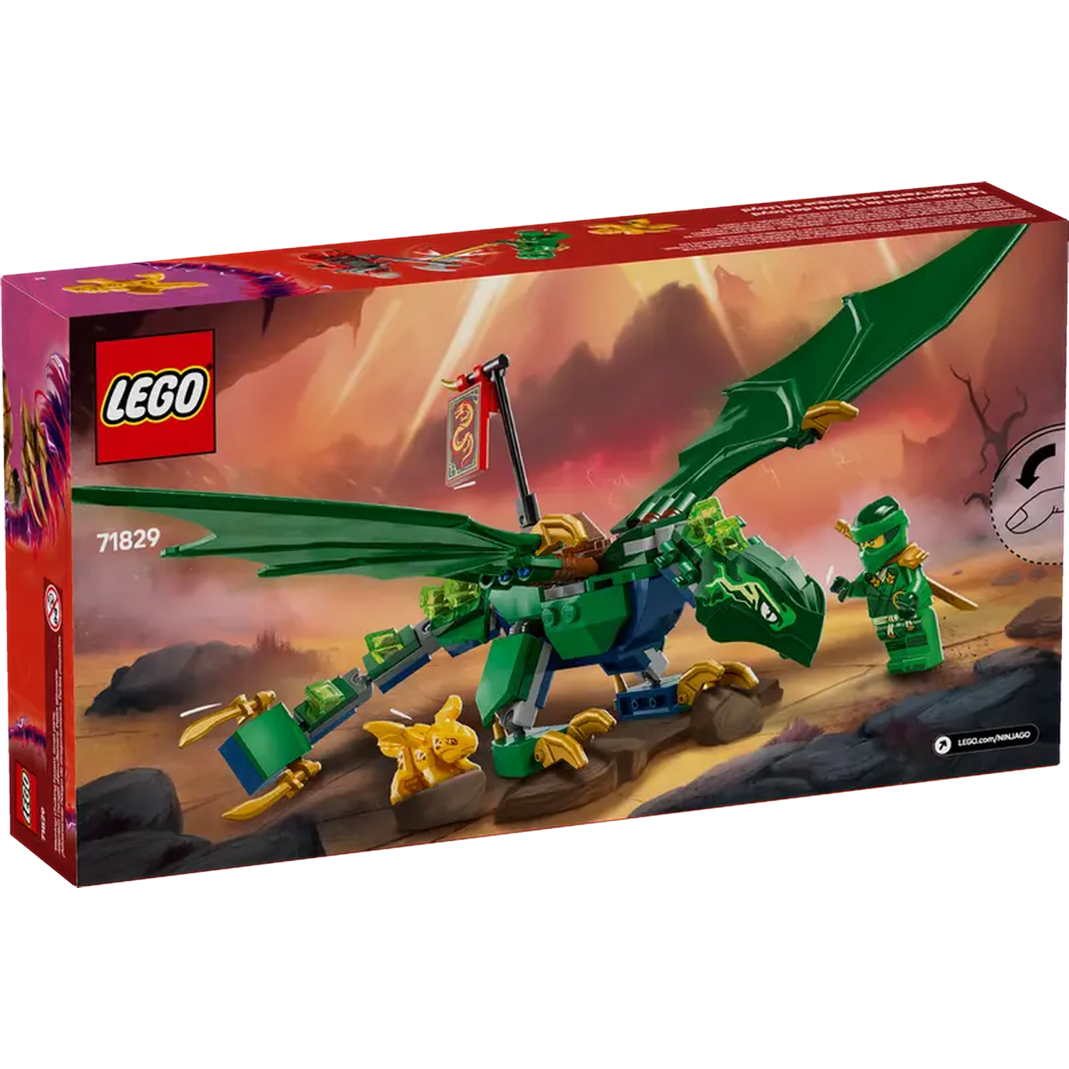 Lego Ninjago set box. It features a green dragon, a ninja figure, and a golden dragon. The background depicts a fantasy landscape.