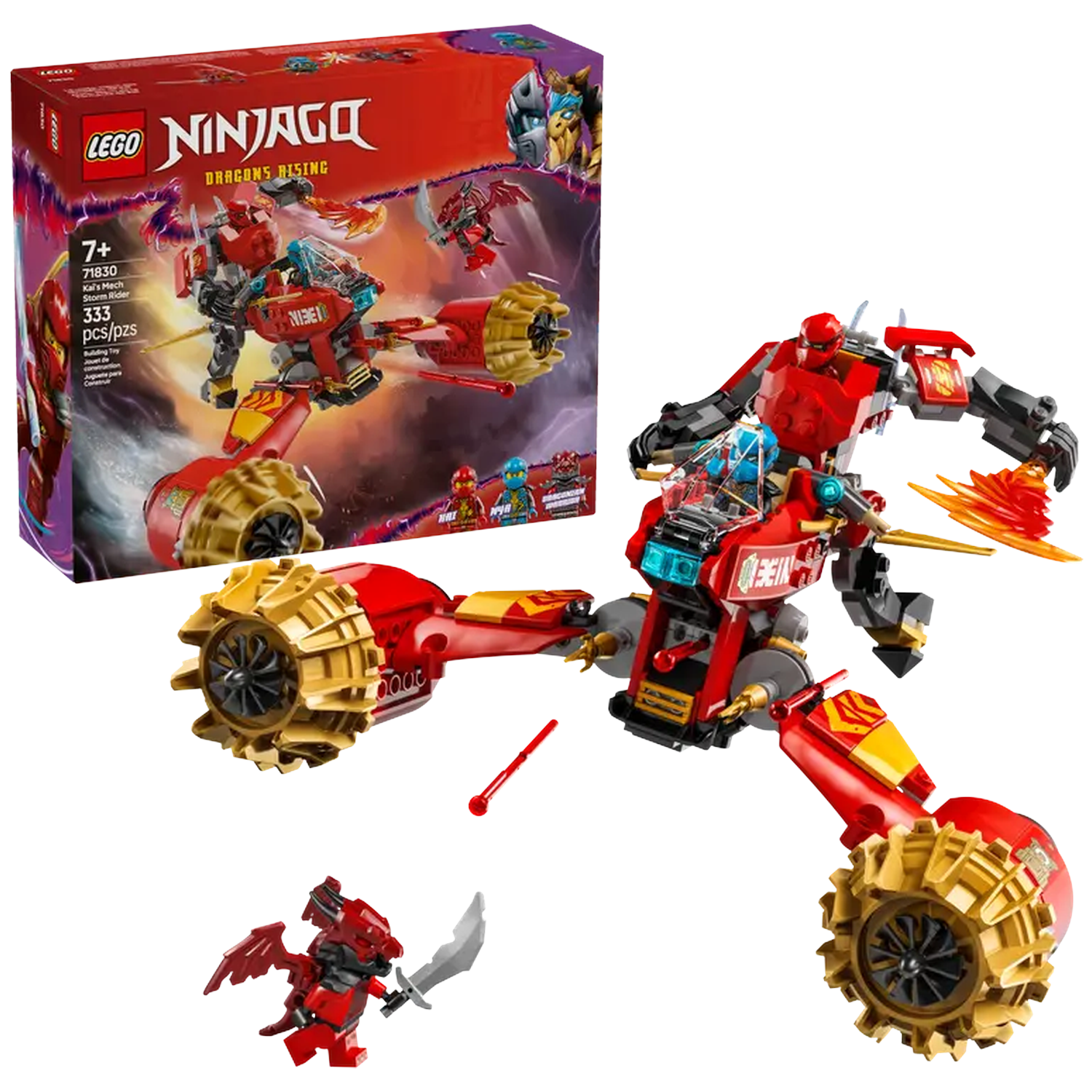 A Lego Ninjago set, Kai's Mech Storm Rider, with a red robot on a red and gold vehicle, a red dragon, and a box.