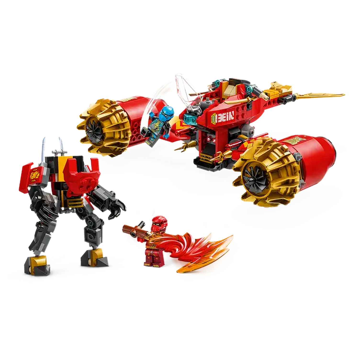 Lego set with red and gold jet, robot, and minifigures. One minifigure is in the jet, another is fighting with a flame.