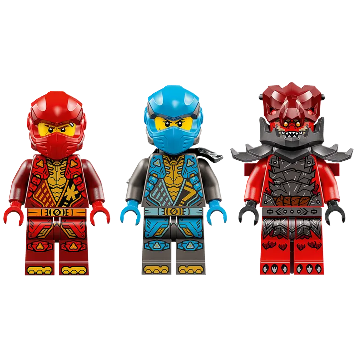 Three Lego Ninjago figures stand side by side. Each has a different helmet and armor, red, blue and red-black. All on a white background.