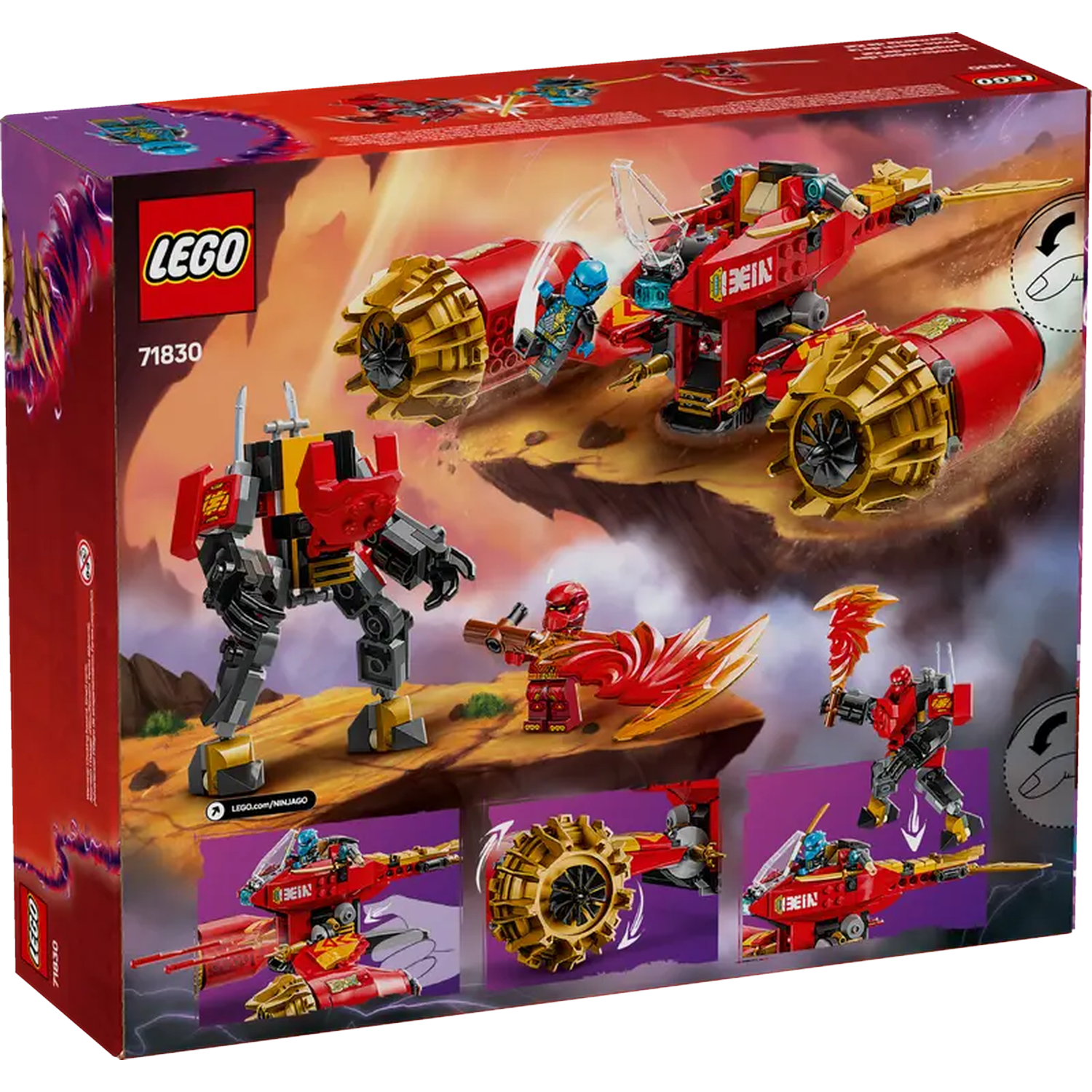 Lego Ninjago set box. Displays various Lego models: a red and gold flyer, a red and black mech, and several ninja figures.