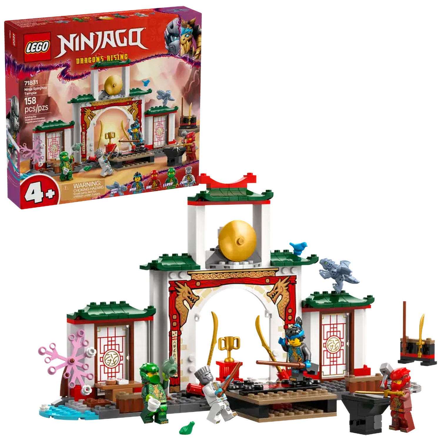 LEGO Ninjago Dragons Rising set. Features a temple with ninja figures, weapons, and a box showing the set's image.