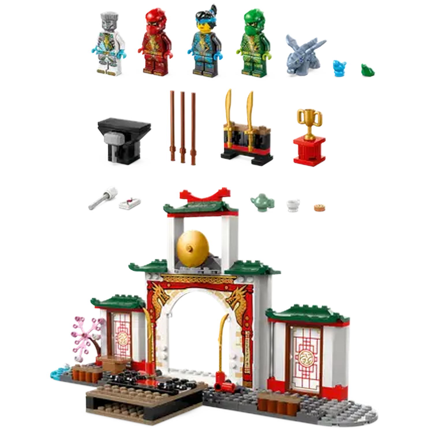 Lego set with minifigures and a building. Includes swords, a trophy, a teapot, and a golden bell. Colorful and detailed.