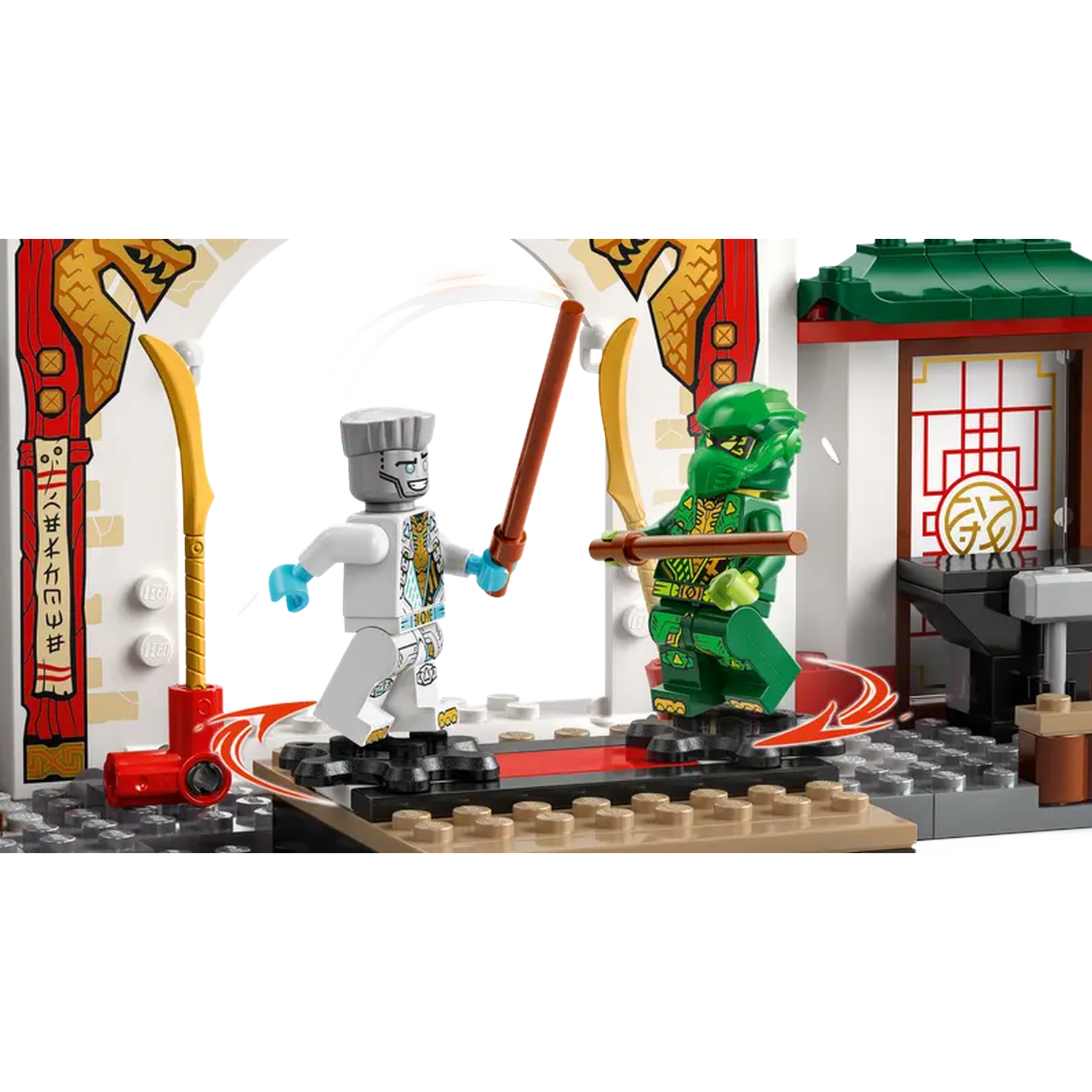 Two Lego ninjas face off with weapons. One white, one green. Decorative archway and building in background.