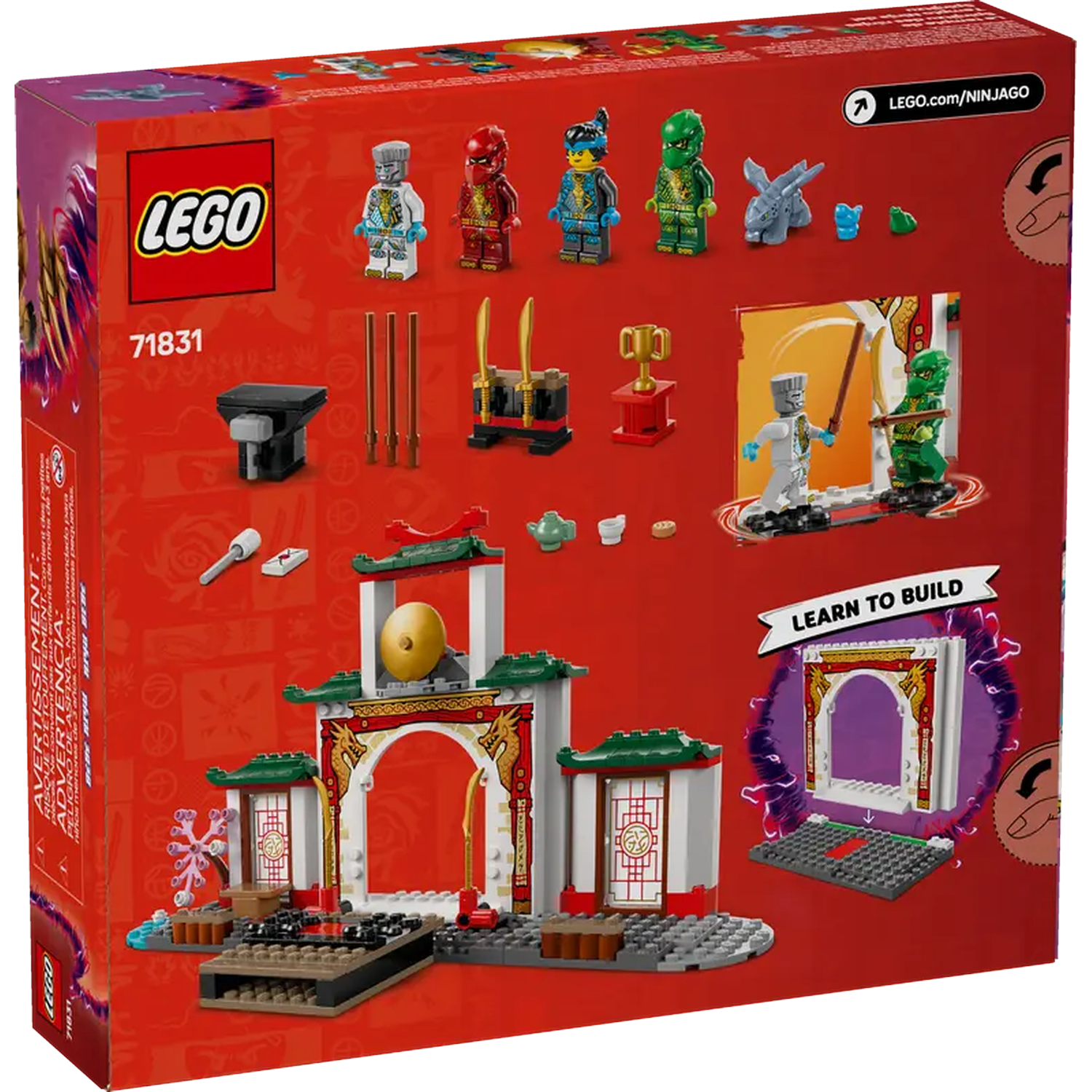 Lego box set, red background, various Lego figures and a temple build displayed. Text: Lego, 71831, LEARN TO BUILD, LEGO.com/NINJAGO.