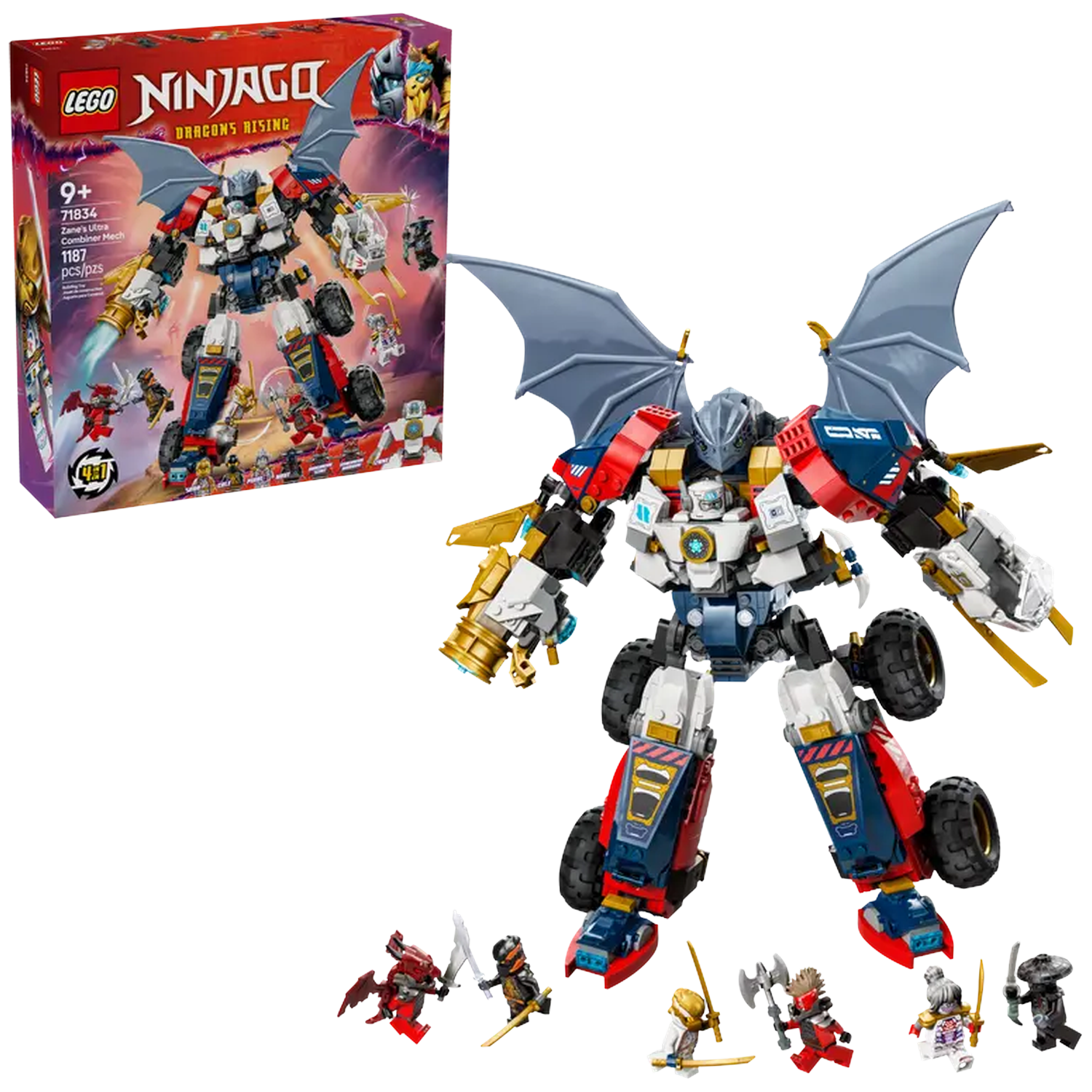 A Lego Ninjago set, Zane's Ultra Combiner Mech, with a large robot figure, minifigures, and box art.