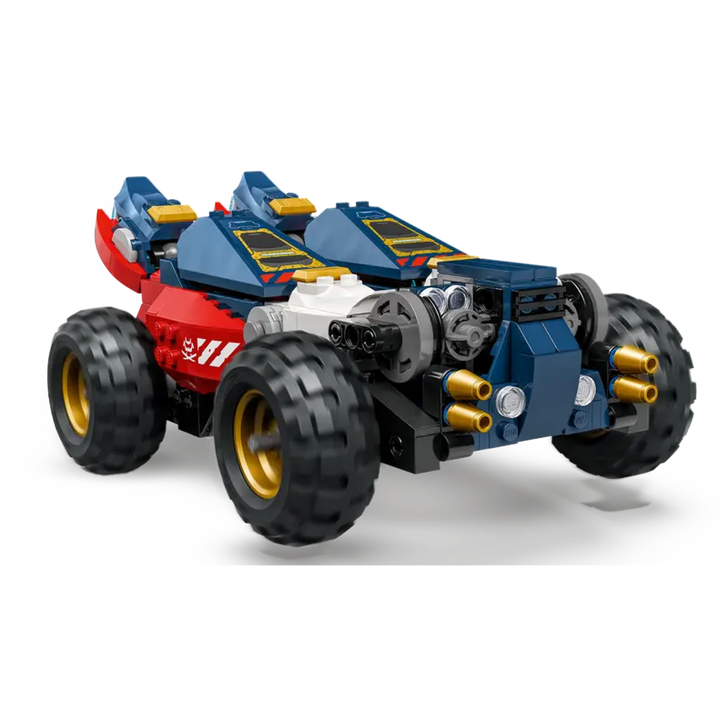 A Lego race car with blue, red, and gold accents. It has large black tires and a detailed engine.