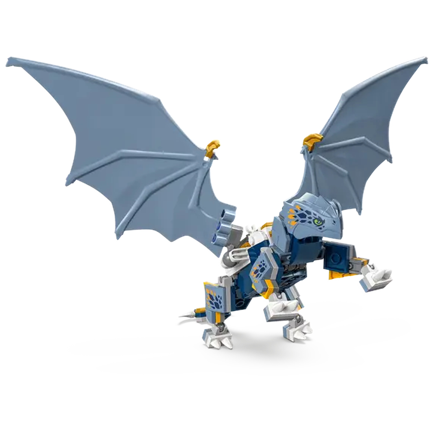 A Lego dragon toy with blue wings and body, white feet, and golden accents. It is posed with wings spread against a white backdrop.