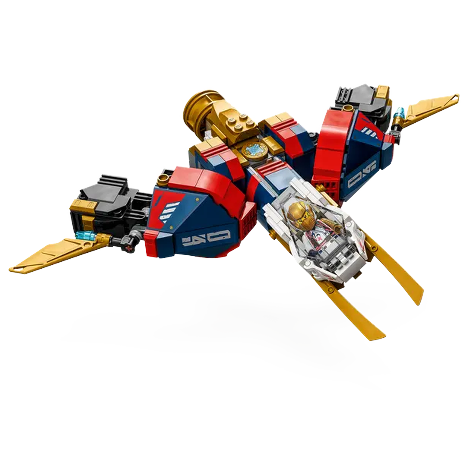 A Lego spaceship with gold, blue, and red elements. It has wings and a cockpit with a minifigure inside. The background is white.