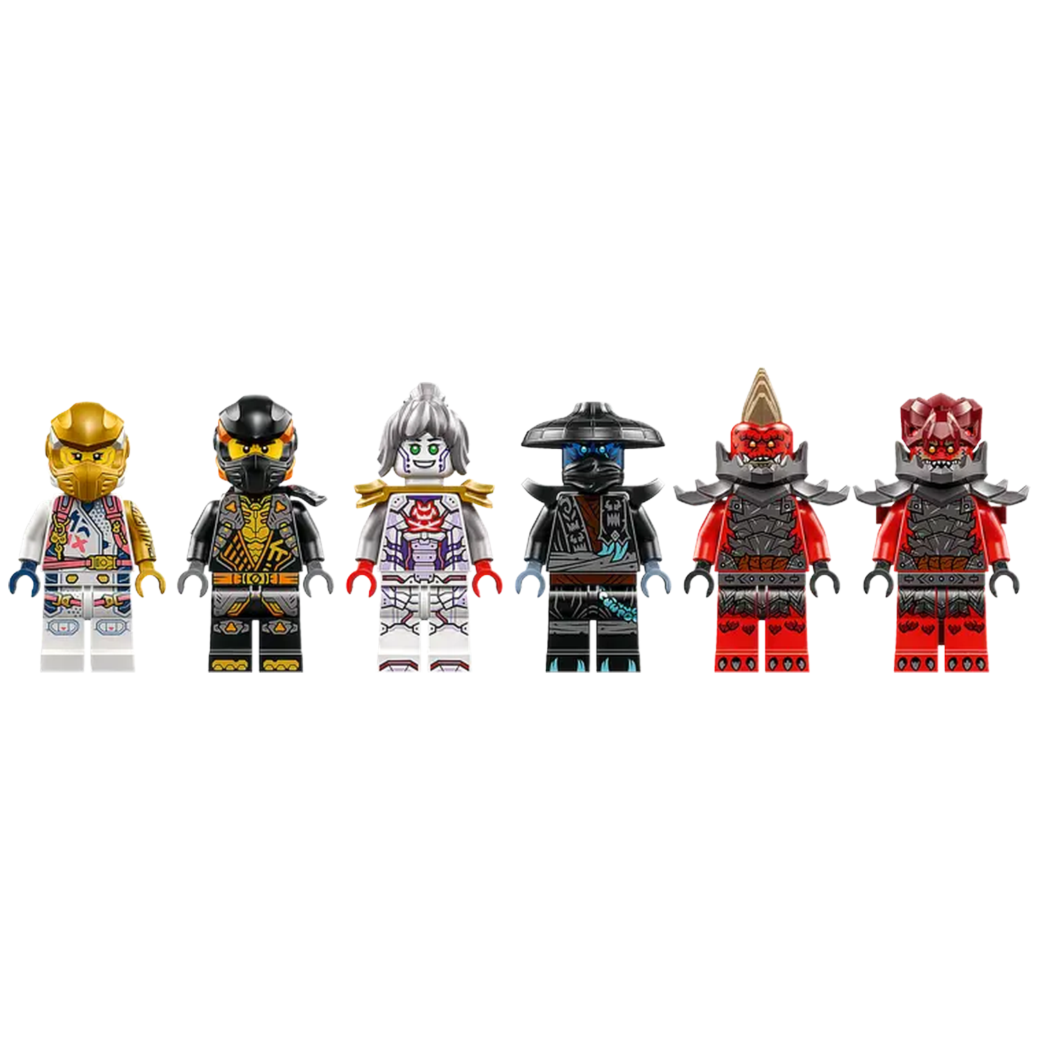 Six Lego Ninjago minifigures. They are in various colors like gold, black, white, and red. They stand against a white background.