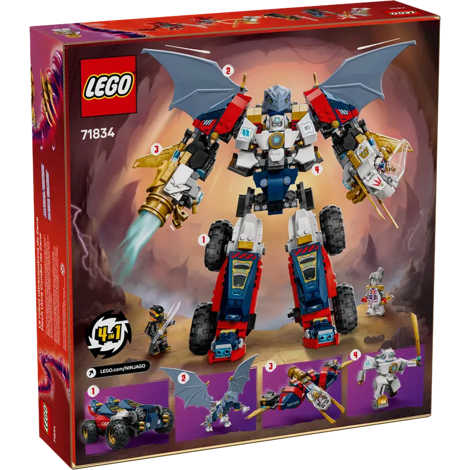 Lego box. Giant mech with wings, shooting a blue stream. Small figures around. Numbers 1-4. Red, blue, white, and gold colors.