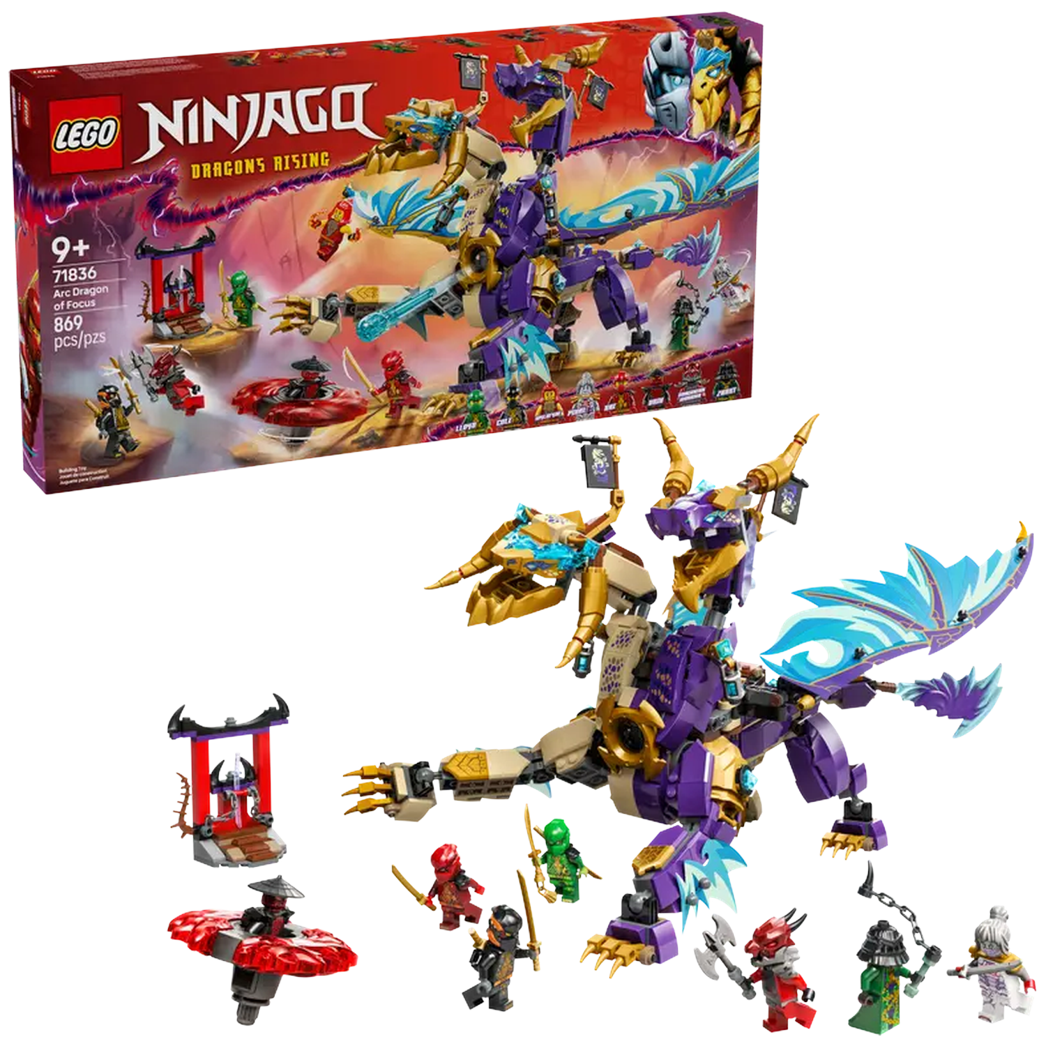 A Lego Ninjago set, 'Arc Dragon of Focus.' Features a purple dragon, mini-figures, and a box with the set's image.