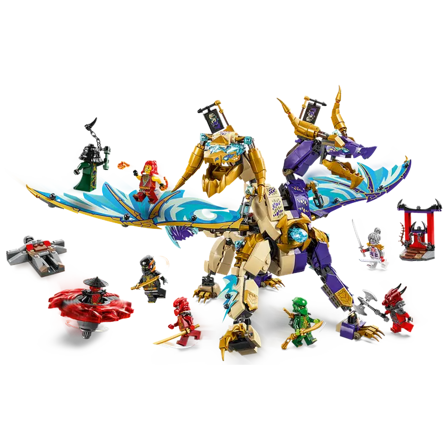 A Lego Ninjago set featuring a large dragon with minifigures and vehicles. The dragon is surrounded by small figures.