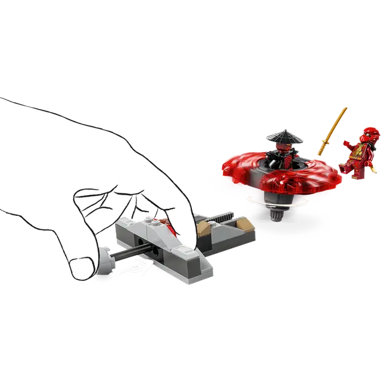 A hand pulls a lever on a gray Lego structure. Spinning Lego tops with minifigures fight. One holds a sword.