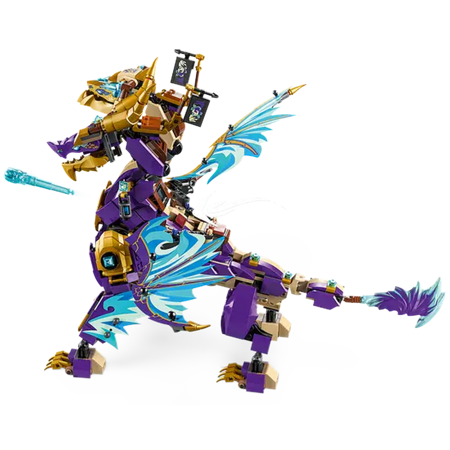 A Lego dragon, purple with gold accents and blue wings, stands on a white surface. It has a spear and is shooting a blue projectile.