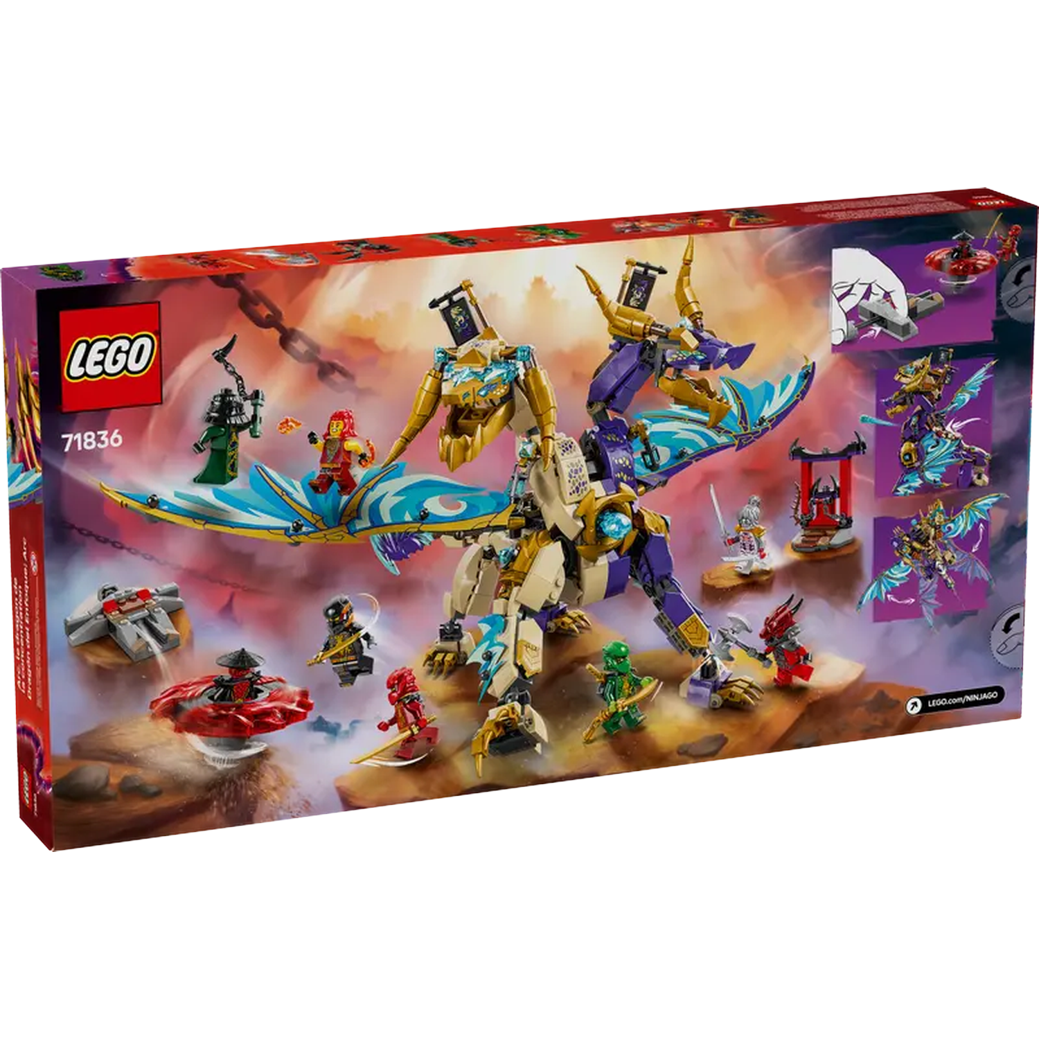 Lego Ninjago set box shows a dragon and many minifigures. The background is a fantasy landscape with chain and symbols.