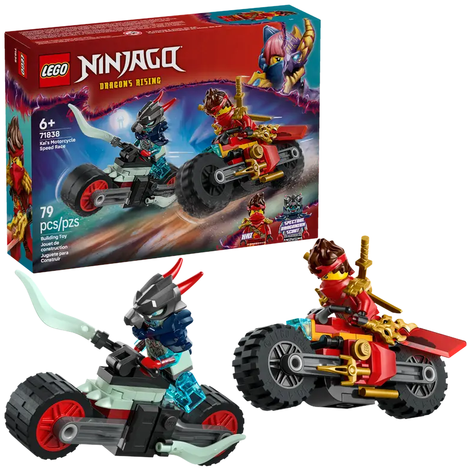 LEGO Ninjago set. The box shows two ninja figures on motorcycles. One blue and one red. The set includes 79 pieces.