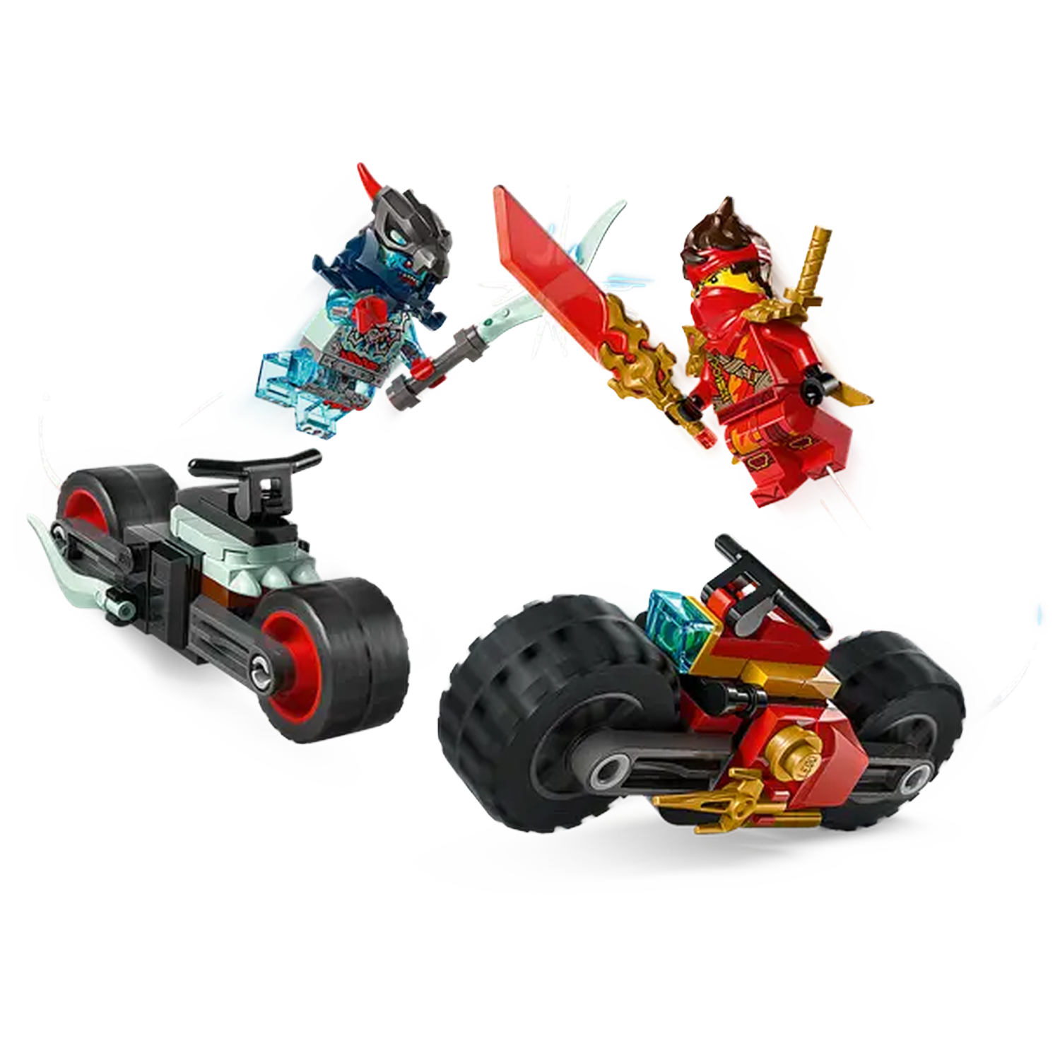 Lego Ninjago set with two ninja figures and two motorcycles. One red, one blue, and a red sword. White background.