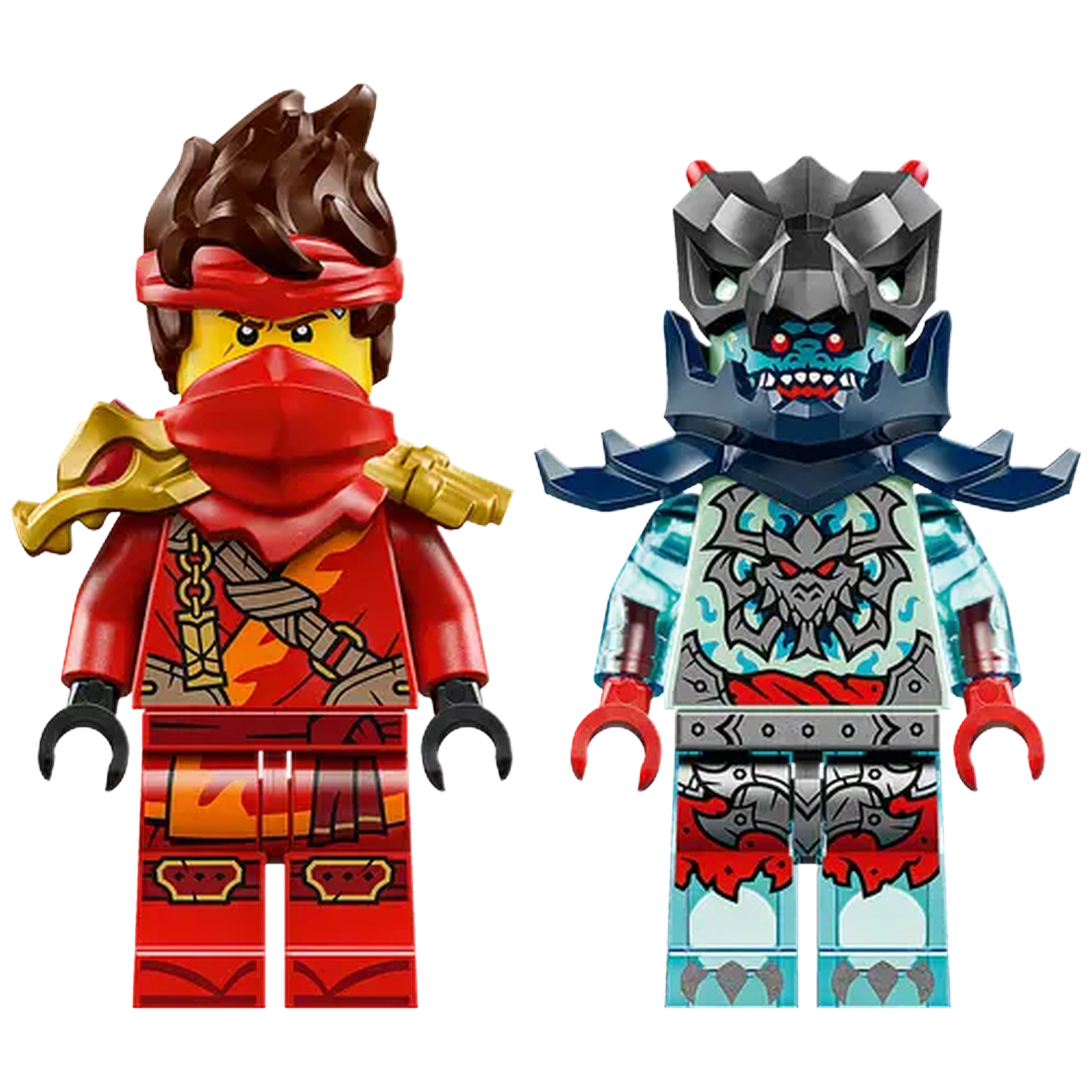 Two Lego figures: a red ninja with gold accents and a blue ghost figure with a dragon design.