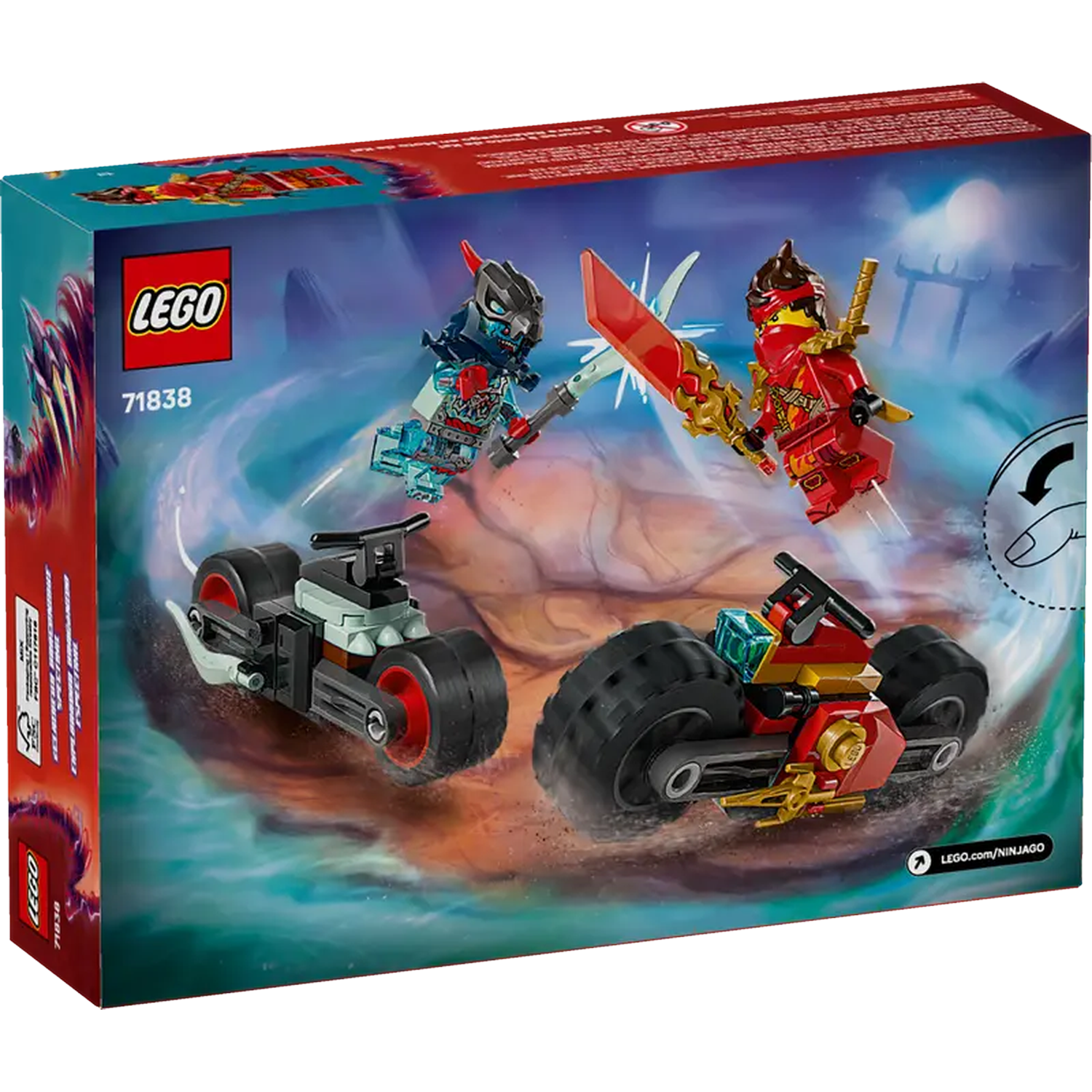 Lego Ninjago box shows ninja figures with swords and motorcycles in action against a swirling blue and red background.