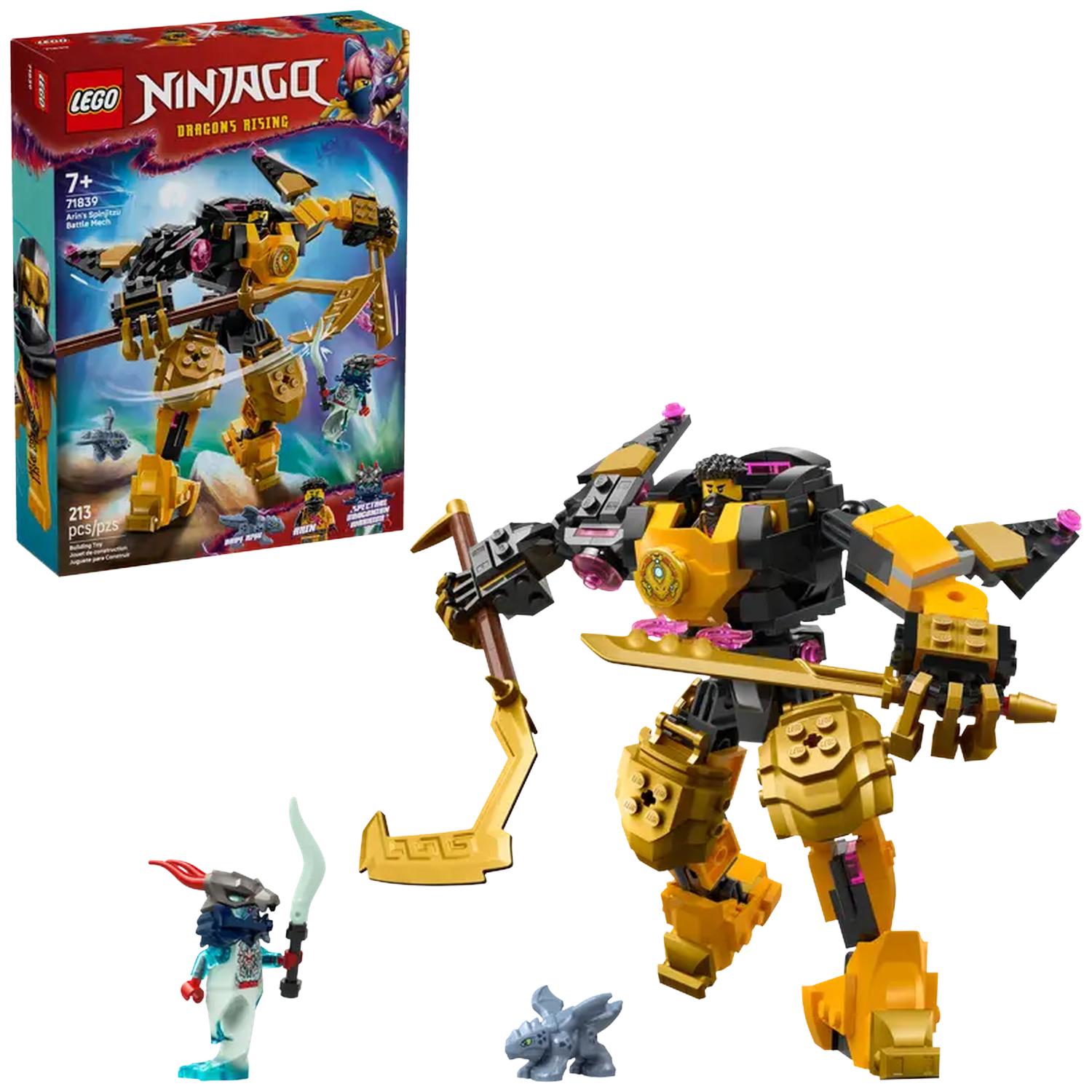 Een Lego Ninjago set met een gele en zwarte mech met een zwaard, een kleine figuur en een doos met de afbeelding van de set.