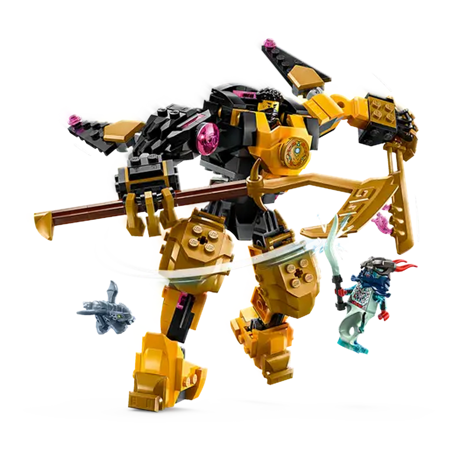 Een Lego-mech in goud en zwart, met een staf. Er zijn ook twee minifiguren en een kleine grijze draak aanwezig.