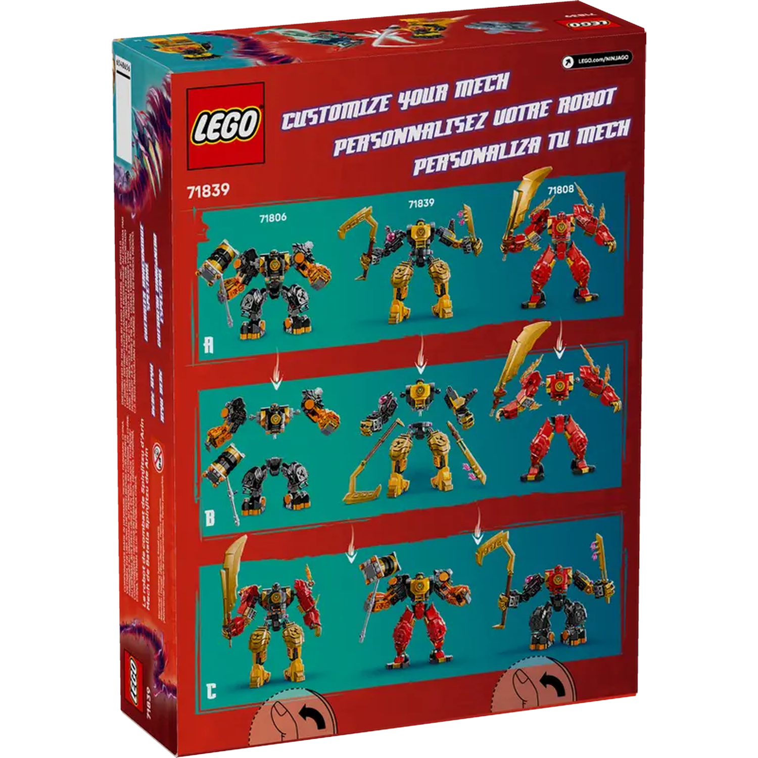 Lego doos met afbeeldingen van aanpasbare mechs. De doos is rood en toont verschillende mech-combinaties met gouden wapens.
