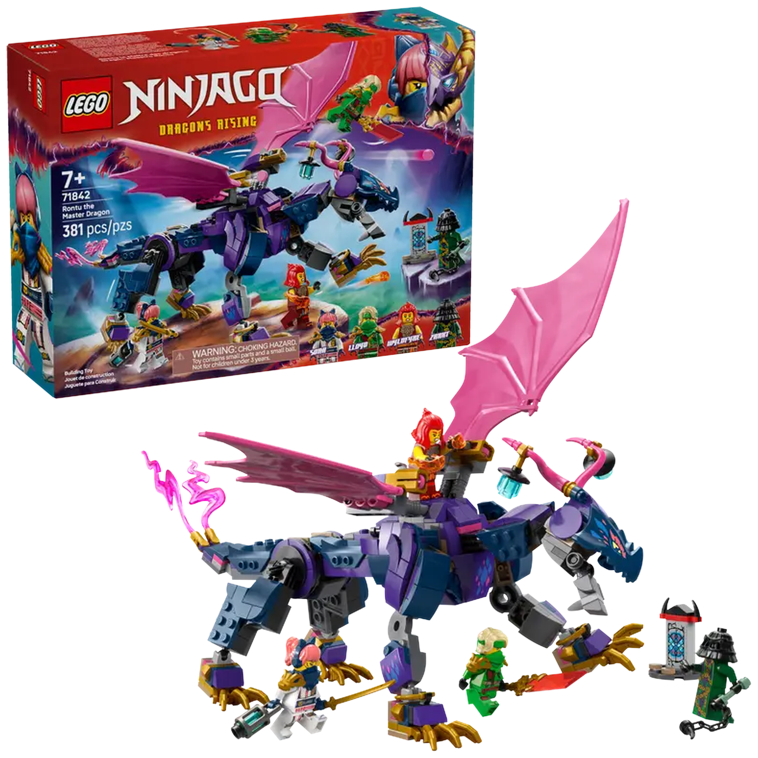 A Lego Ninjago set featuring a purple and blue dragon with pink wings, minifigures, and the box in the background.