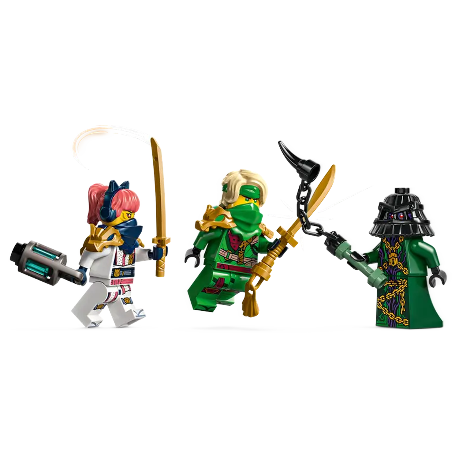 Three Lego ninjas are fighting. One in white and pink, one in green, and one in dark green. Each holds weapons. 