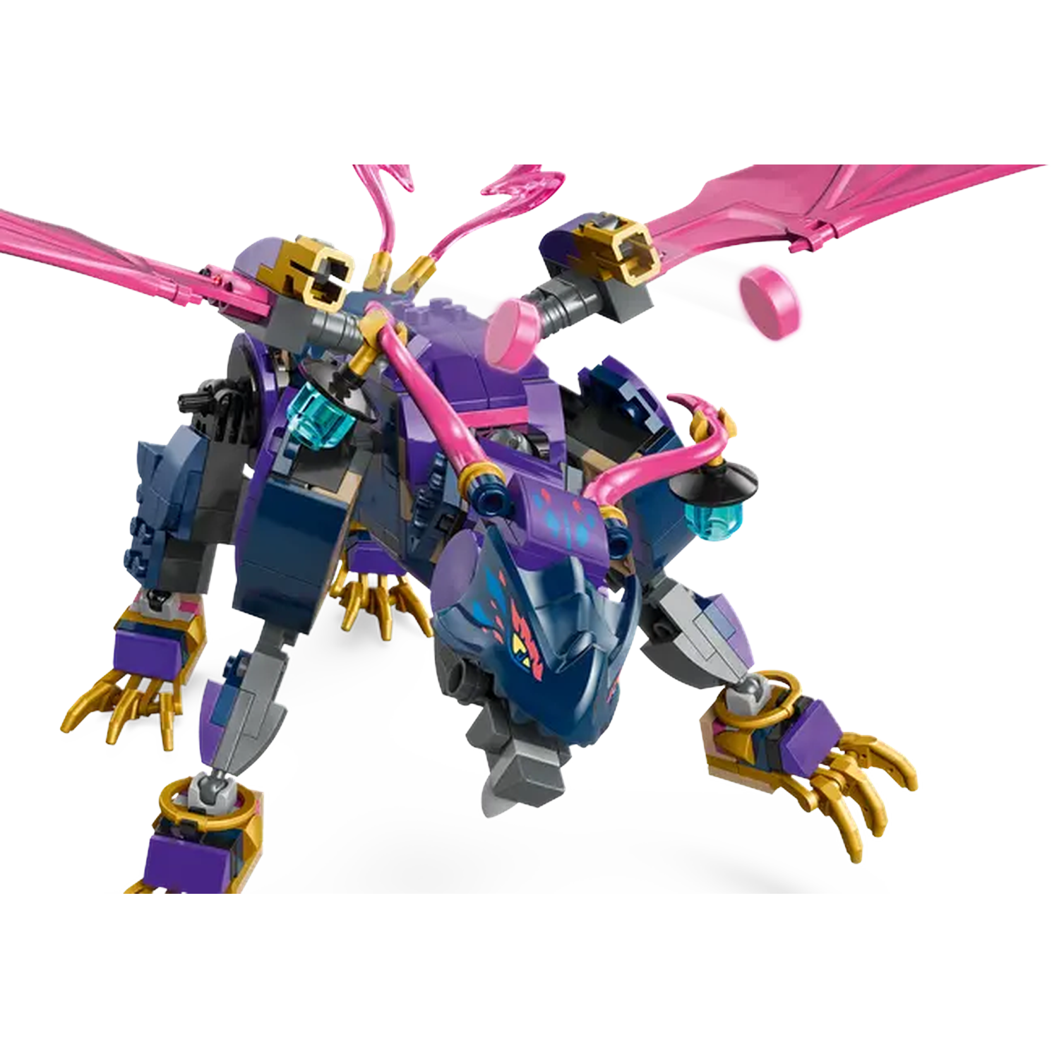 A Lego dragon toy with purple, blue, and gold parts. It has wings, claws, and is set against a white background.