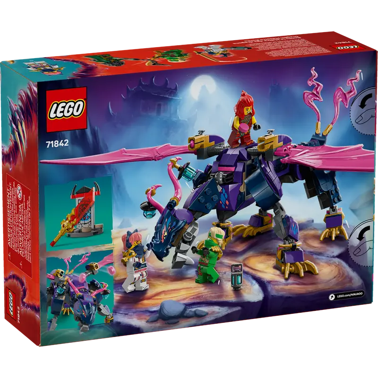 Lego box shows a purple dragon with pink wings and several Lego minifigures. Background depicts a castle and a full moon.
