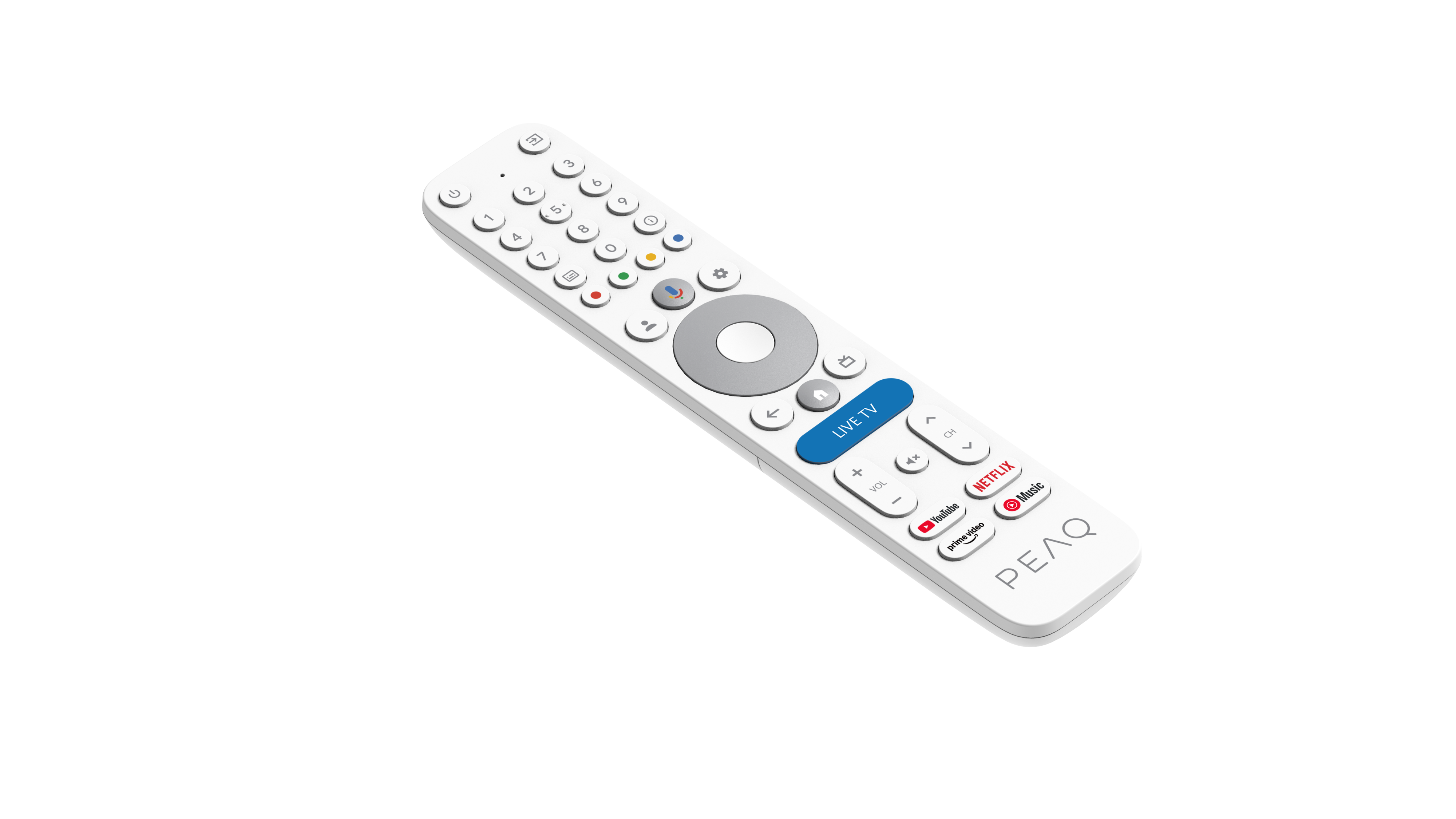 Fehér távirányító, számokkal, hangerővel és streaming szolgáltatásokkal, mint a Netflix és YouTube, fekete háttéren.