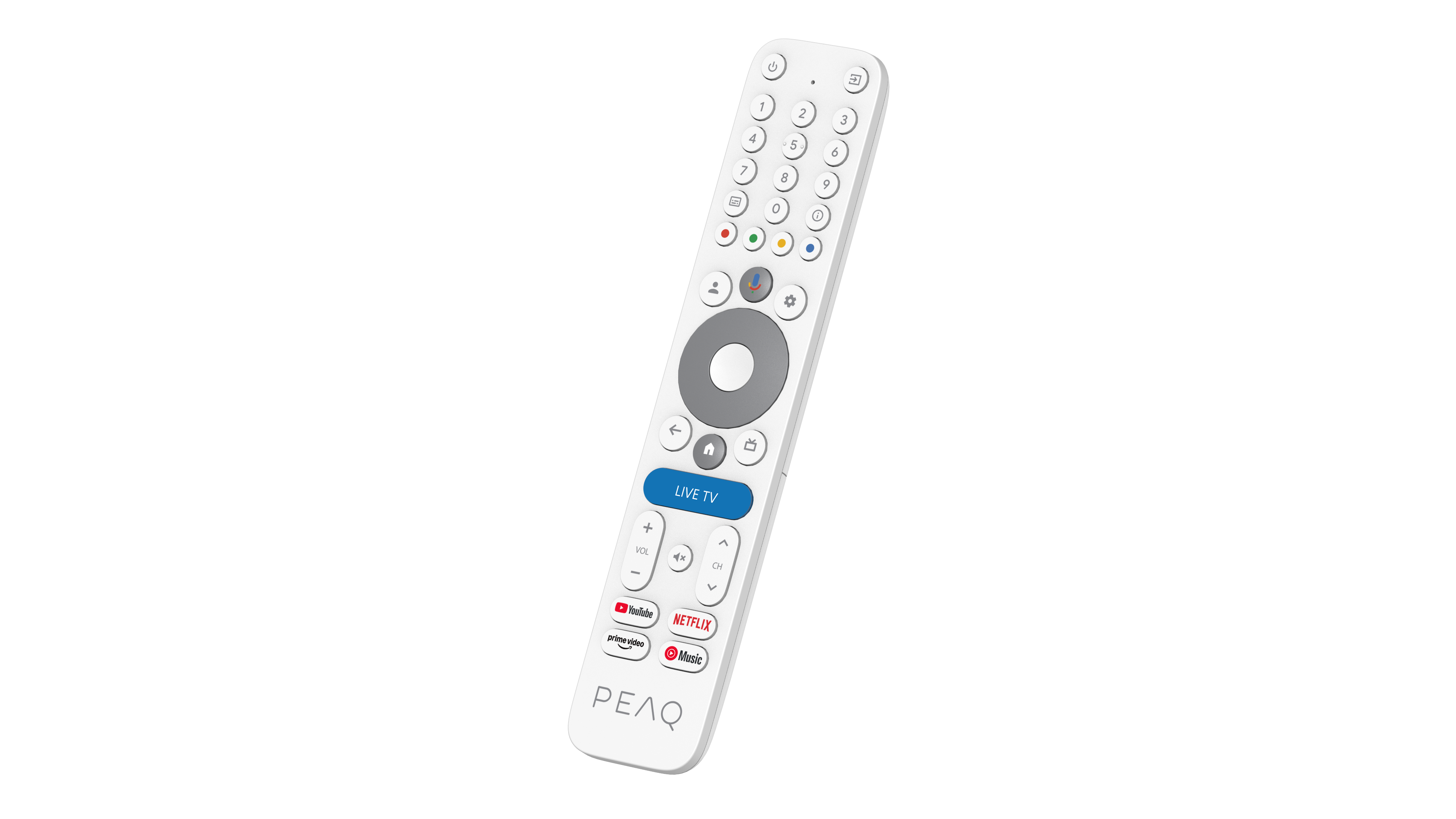 Egy fehér távirányító gombokkal, egy központi kör alakú vezérlővel és logóval. Van rajta YouTube, Netflix és Zene gomb.