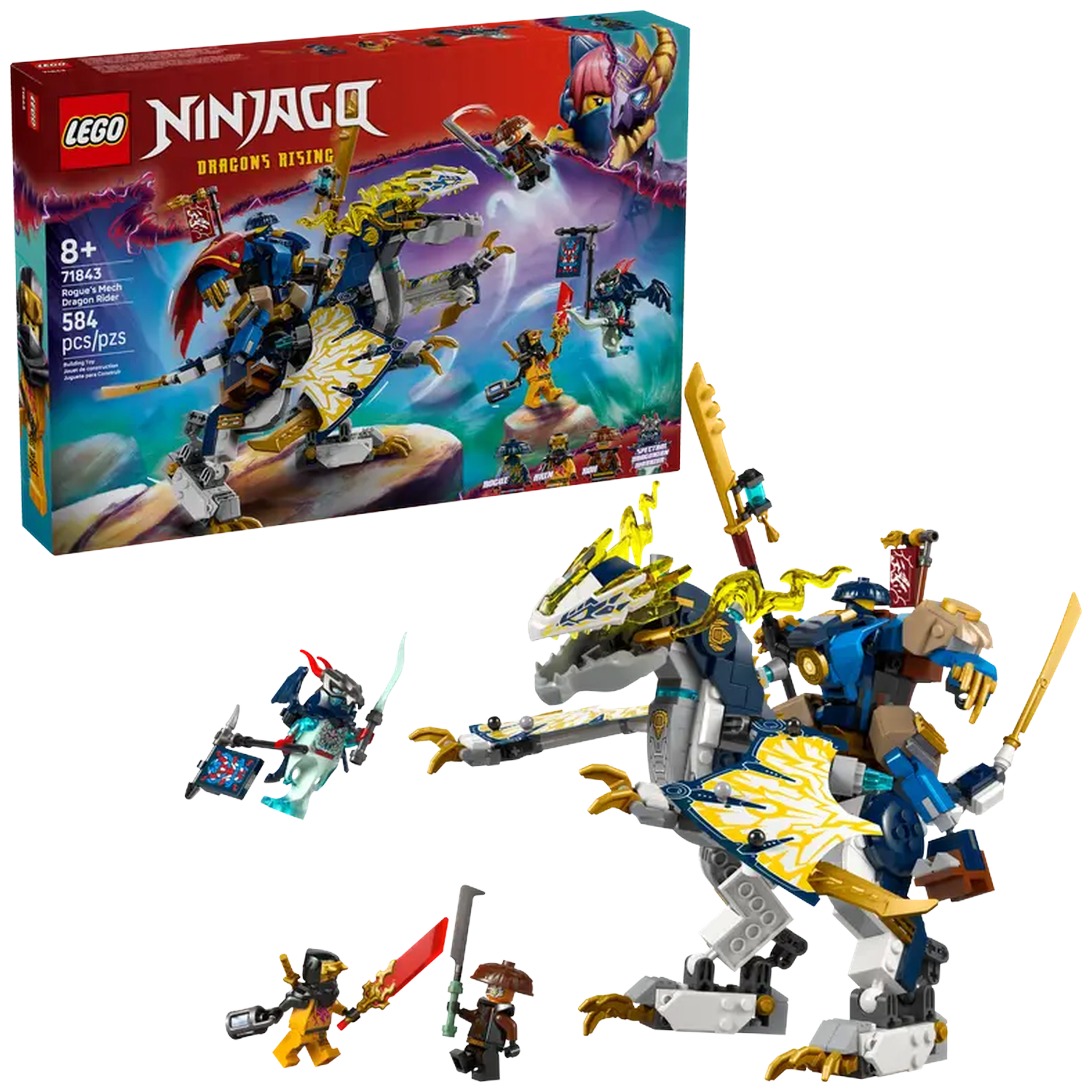 Lego Ninjago set, featuring a dragon mech and minifigures. The box shows the set name and details. Several minifigures are posed.