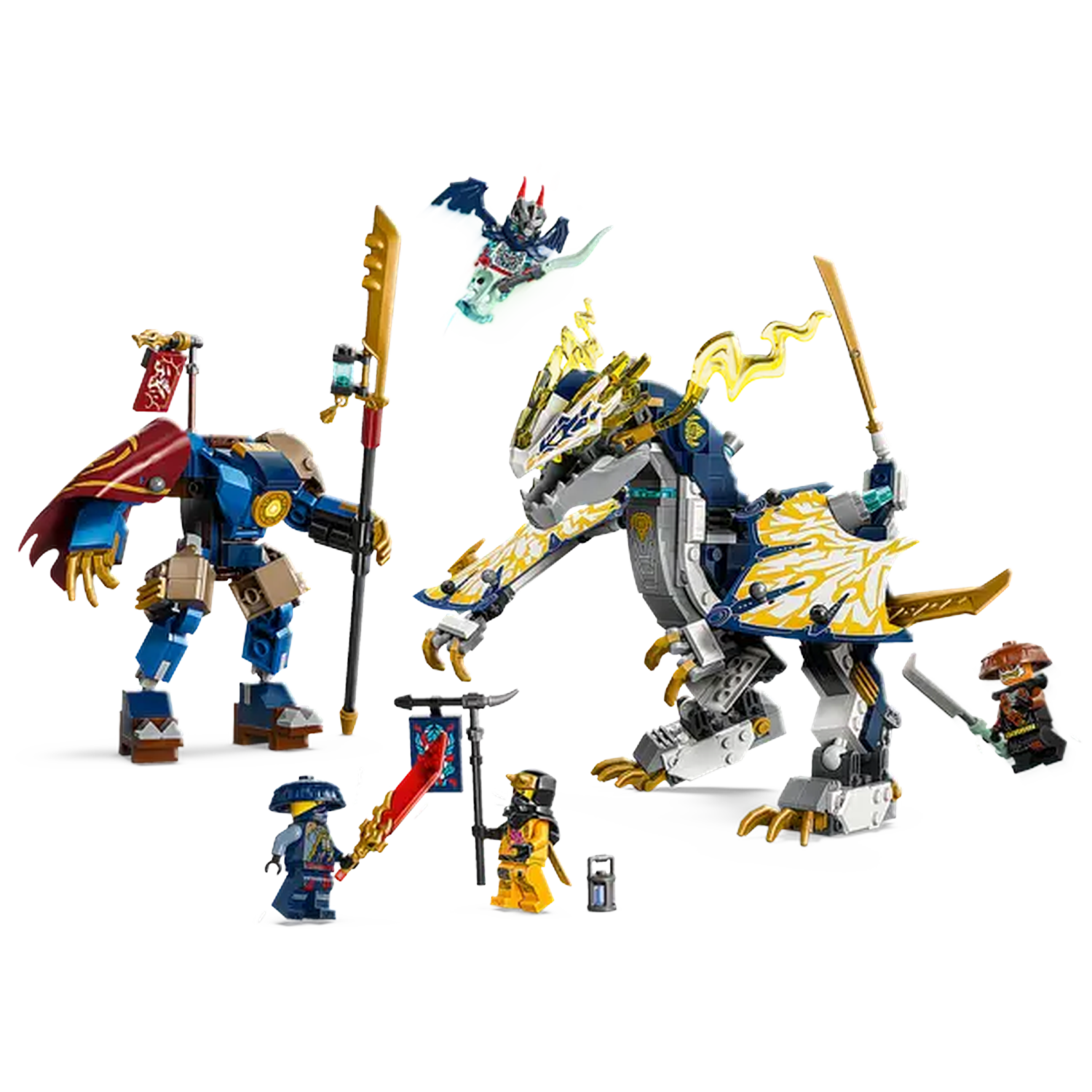 Lego Ninjago set with figures and a dragon. Figures are in combat poses, dragon is in the center. The background is white.