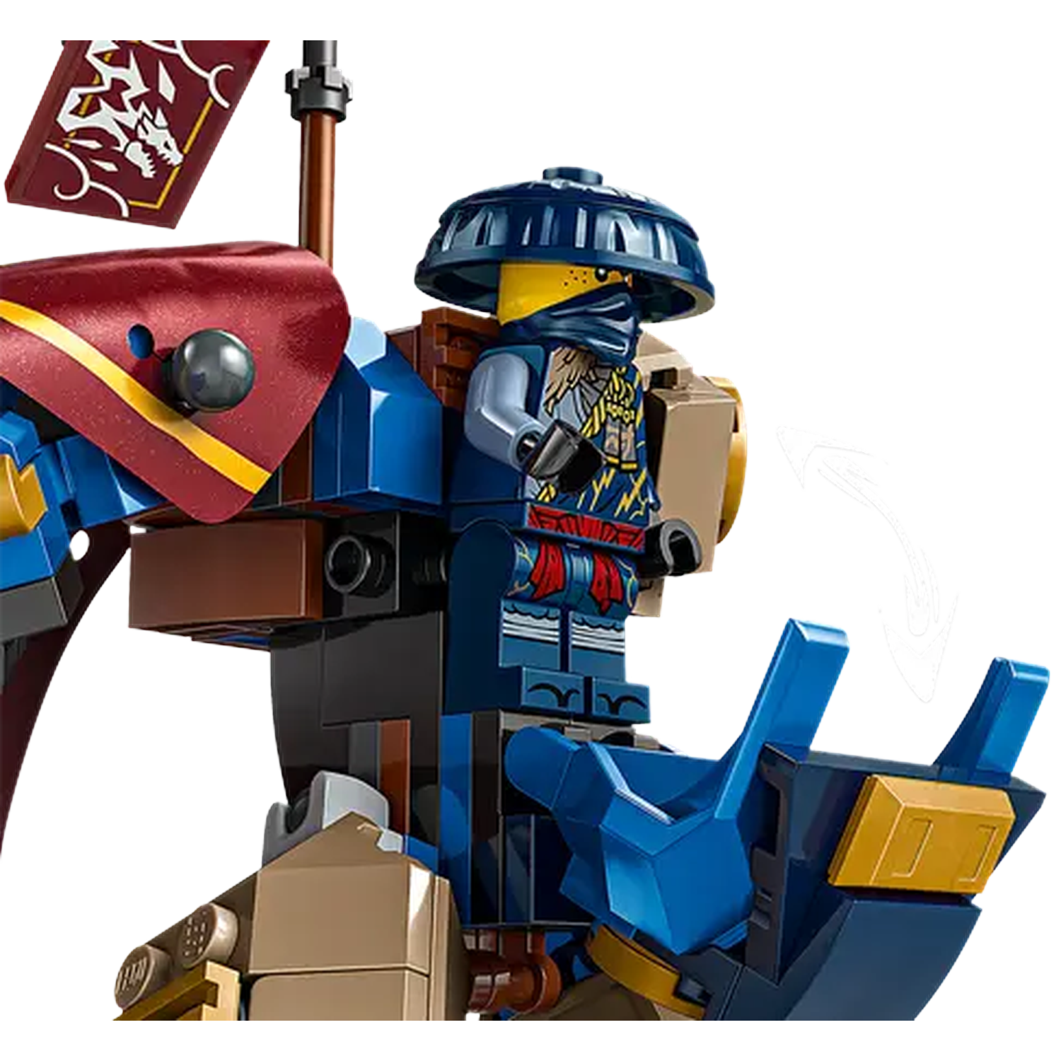 A Lego figure in blue armor and helmet sits on a blue and brown Lego structure. A red banner with a white dragon is visible.
