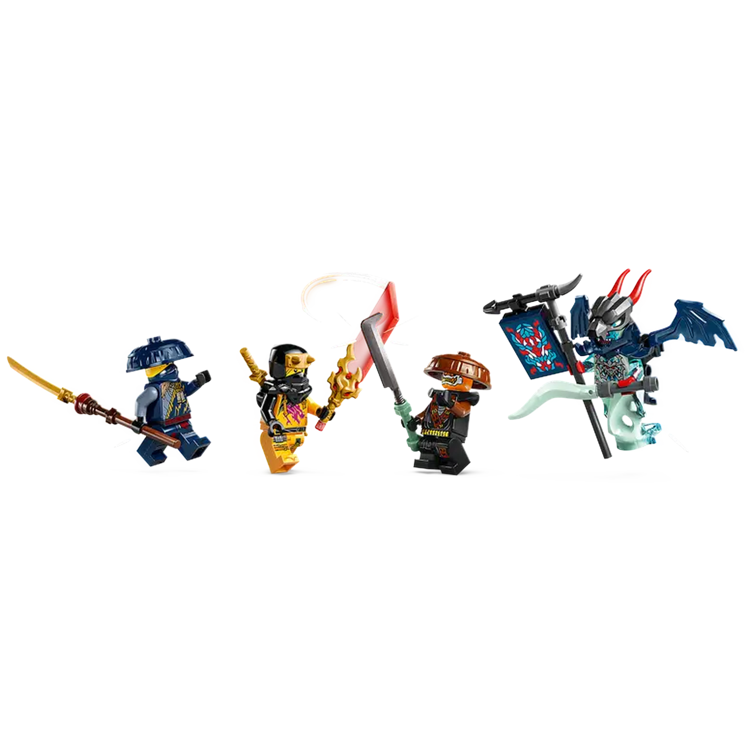 Four Lego Ninjago figures stand against a white background. They hold weapons like swords, a spear, and a flag with a dragon on it.